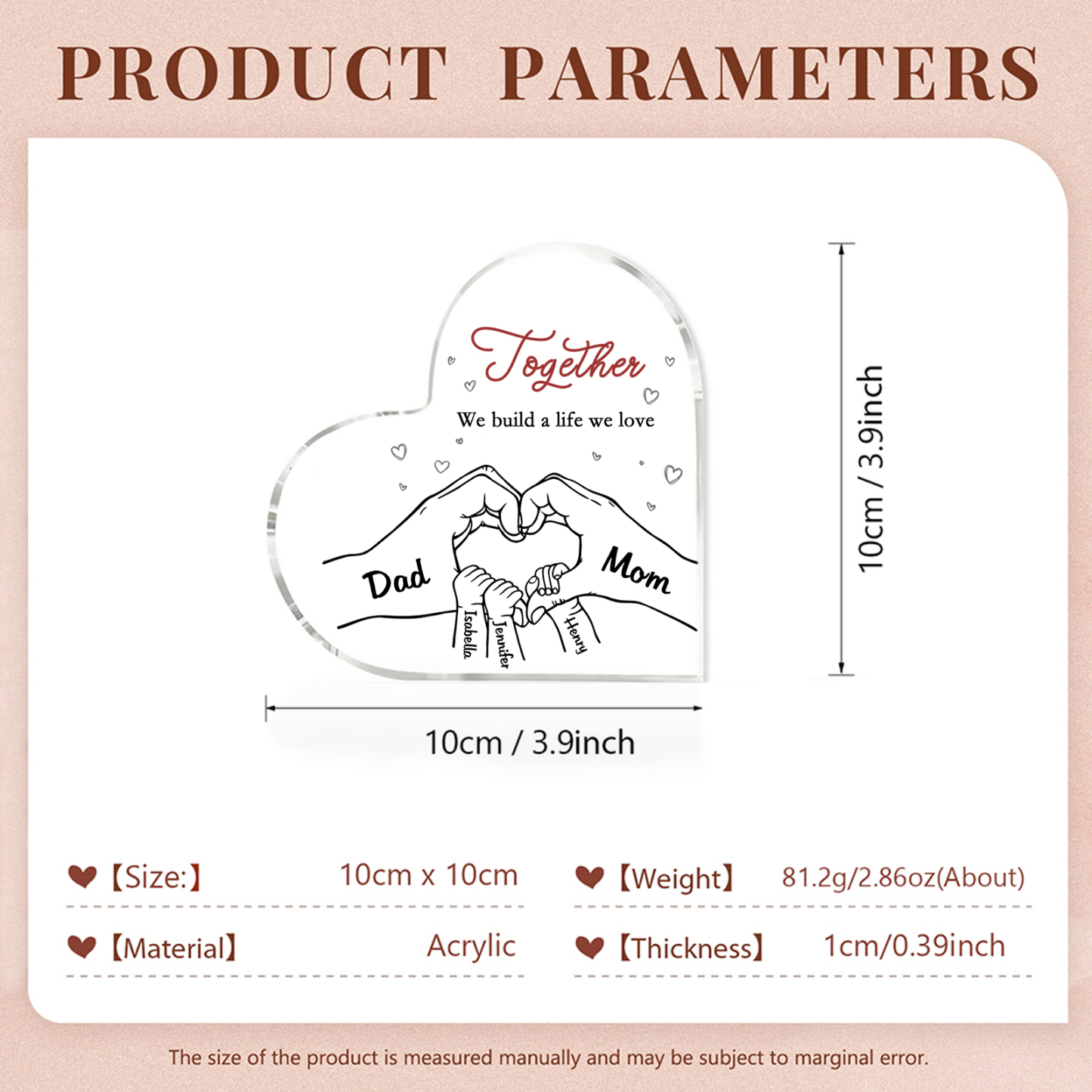 Personalised Heart Family Acrylic Keepsake - Custom 5 Names Home Decorations Gift for Family | Jessmade