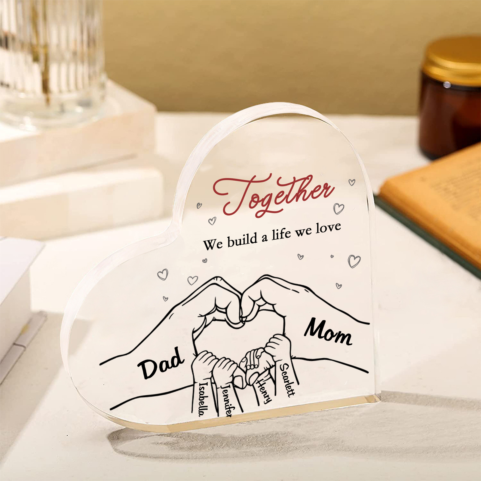 Personalised Heart Family Acrylic Keepsake - Custom 6 Names Home Decorations Gift for Family | Jessmade