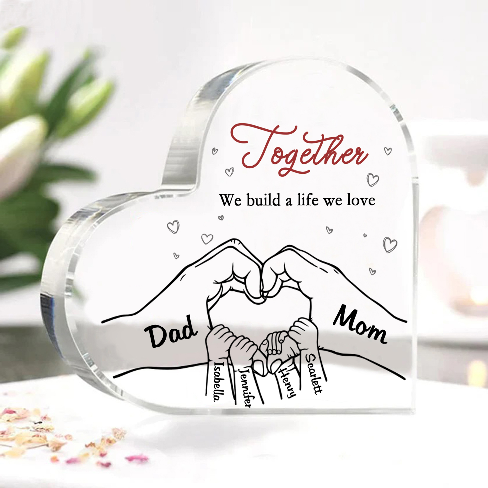 Personalised Heart Family Acrylic Keepsake - Custom 6 Names Home Decorations Gift for Family | Jessmade