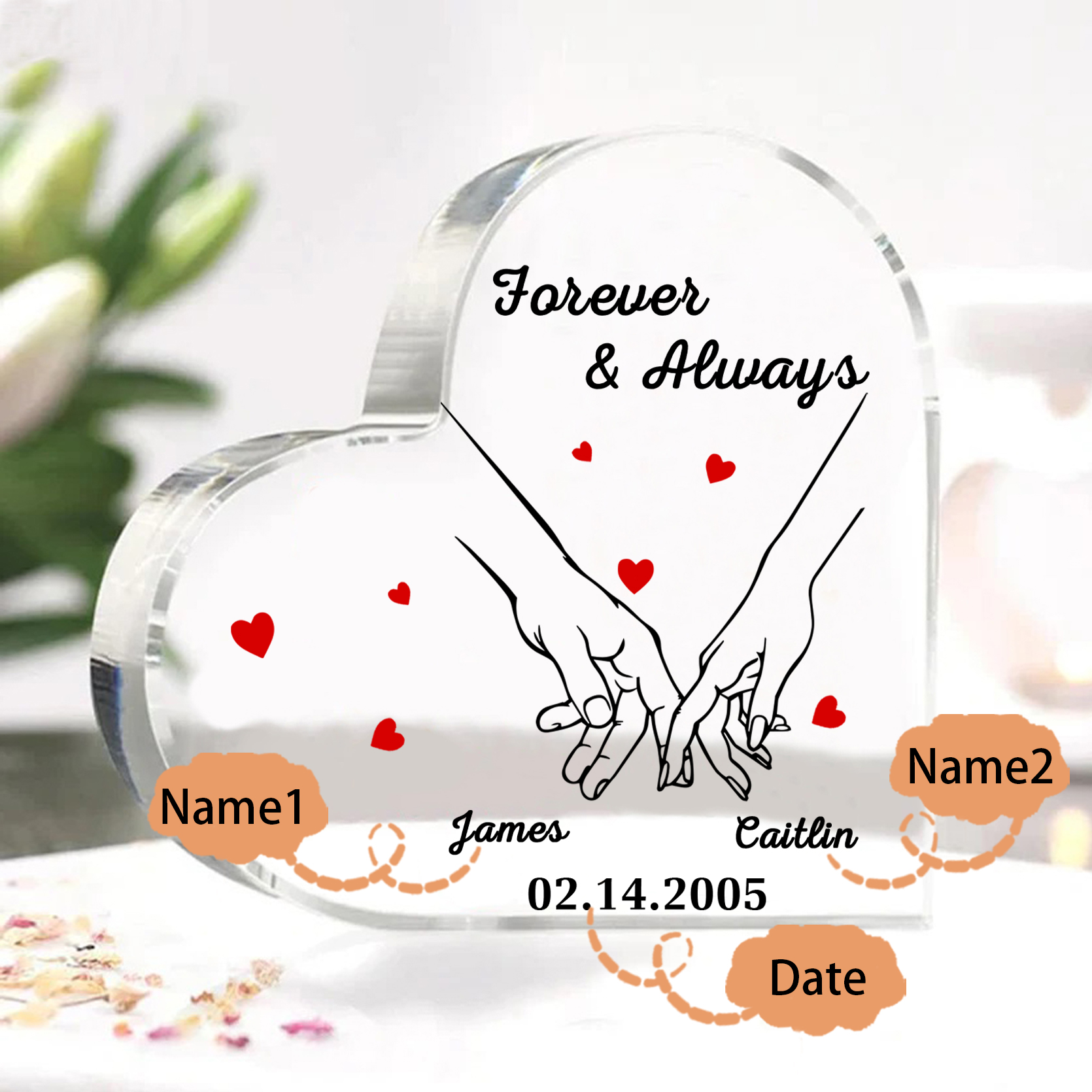 Forever & Always Personalised Heart-Shaped Acrylic Keepsake Custom Names & Date for Couple| Jessemade