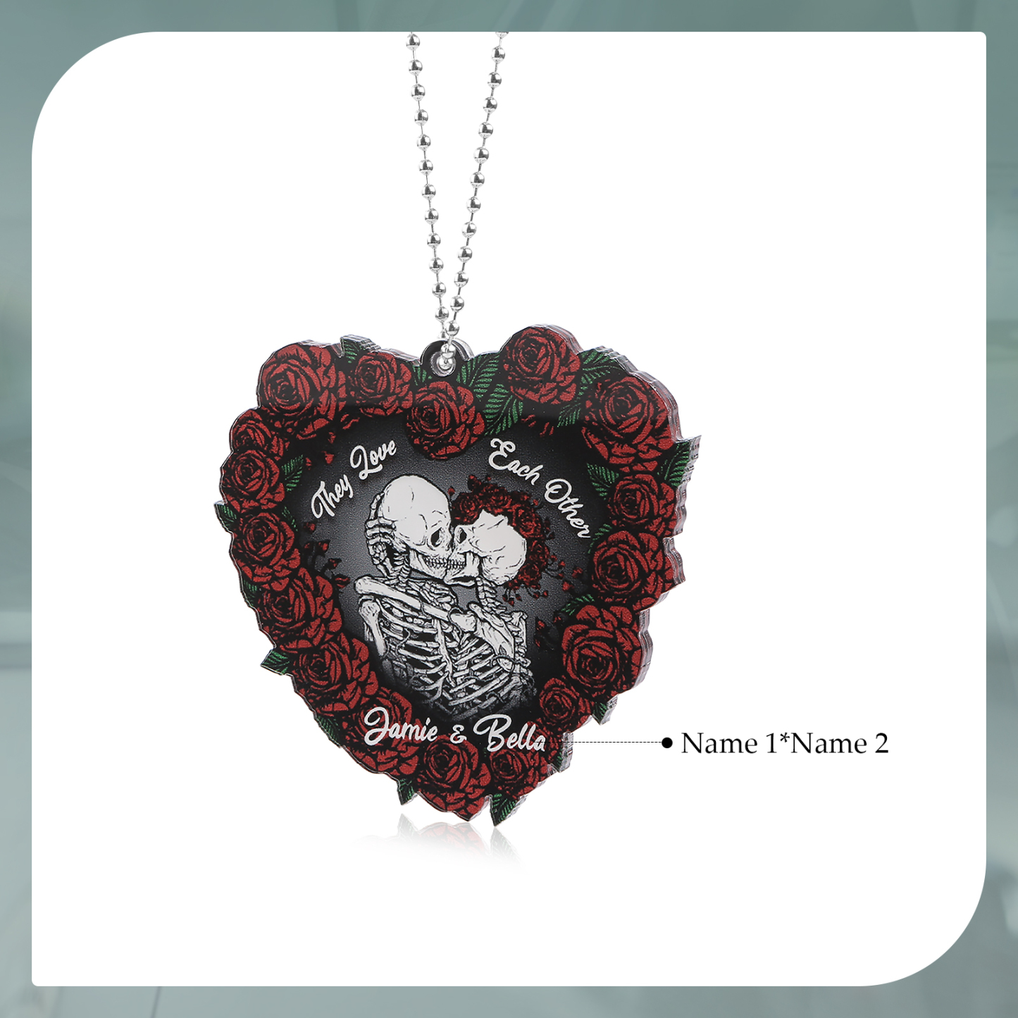 Personalised Heart-Shaped Skeleton Keychain & Ornament with Roses - Custom 2 Names Acrylic Decoration, Couple Gift for Him/Her | Jessemade
