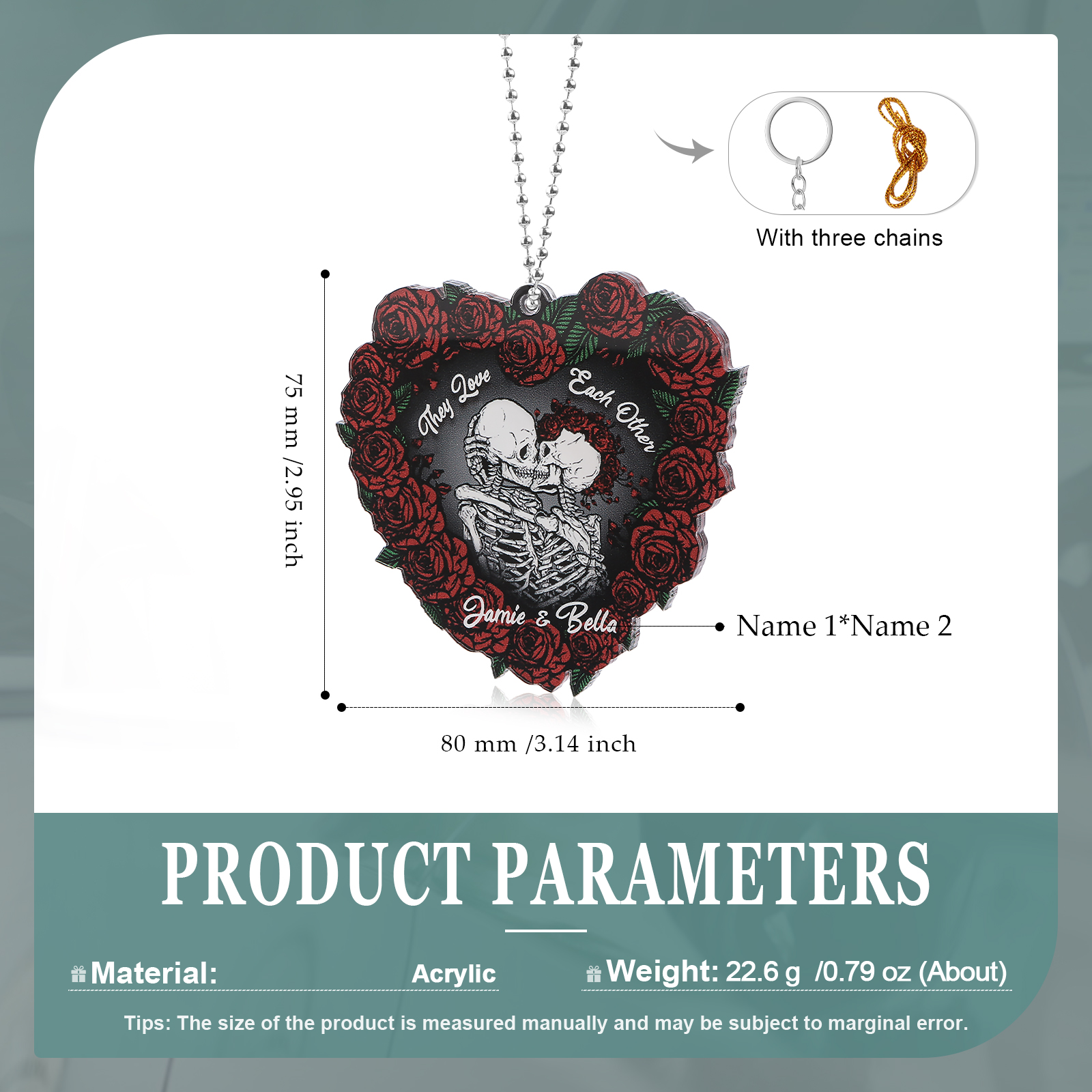 Personalised Heart-Shaped Skeleton Keychain & Ornament with Roses - Custom 2 Names Acrylic Decoration, Couple Gift for Him/Her | Jessemade