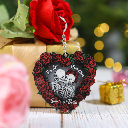 Personalised Heart-Shaped Skeleton Keychain & Ornament with Roses - Custom 2 Names Acrylic Decoration, Couple Gift for Him/Her | Jessemade