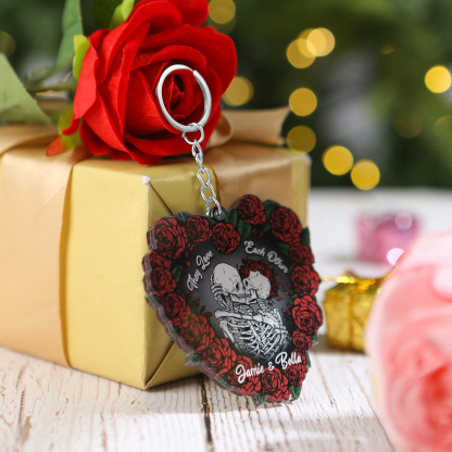 Personalised Heart-Shaped Skeleton Keychain & Ornament with Roses - Custom 2 Names Acrylic Decoration, Couple Gift for Him/Her | Jessemade