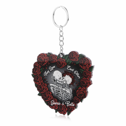 Personalised Heart-Shaped Skeleton Keychain & Ornament with Roses - Custom 2 Names Acrylic Decoration, Couple Gift for Him/Her | Jessemade