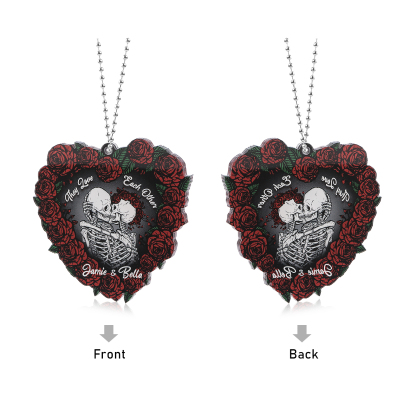 Personalised Heart-Shaped Skeleton Keychain & Ornament with Roses - Custom 2 Names Acrylic Decoration, Couple Gift for Him/Her | Jessemade