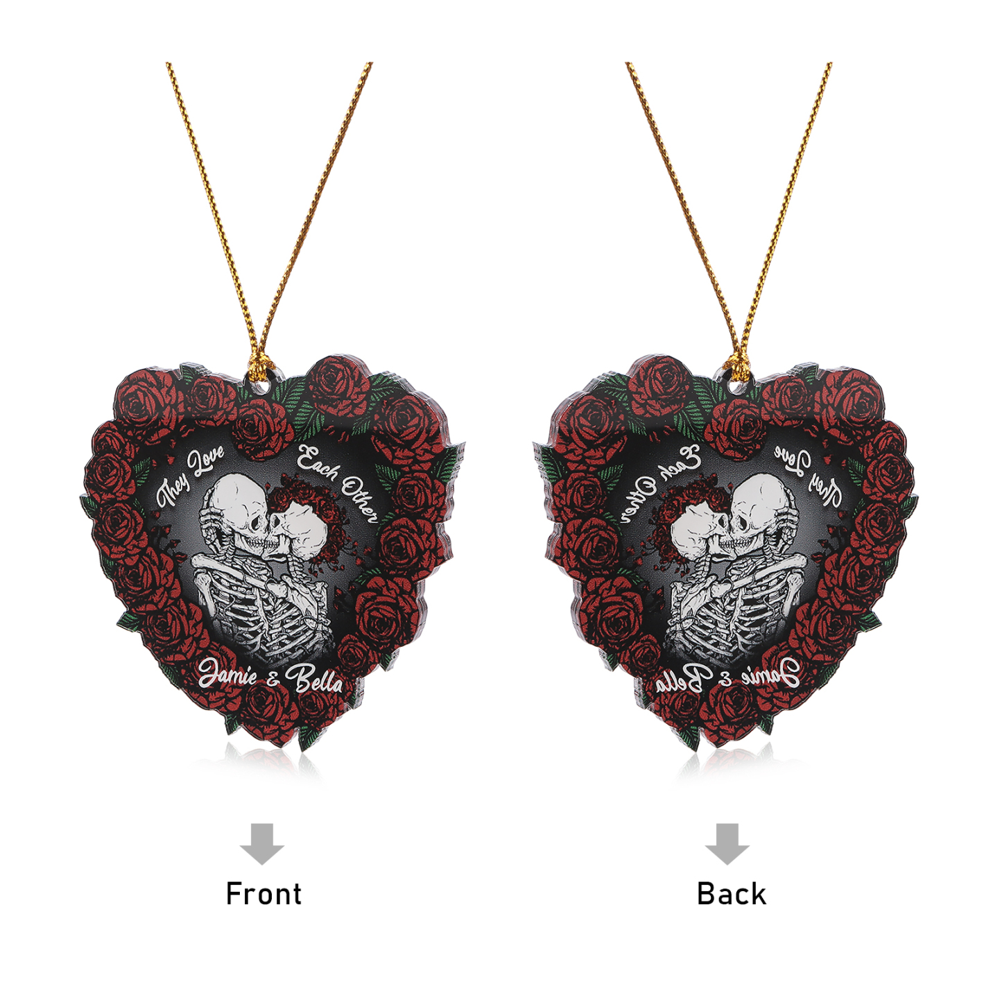Personalised Heart-Shaped Skeleton Keychain & Ornament with Roses - Custom 2 Names Acrylic Decoration, Couple Gift for Him/Her | Jessemade