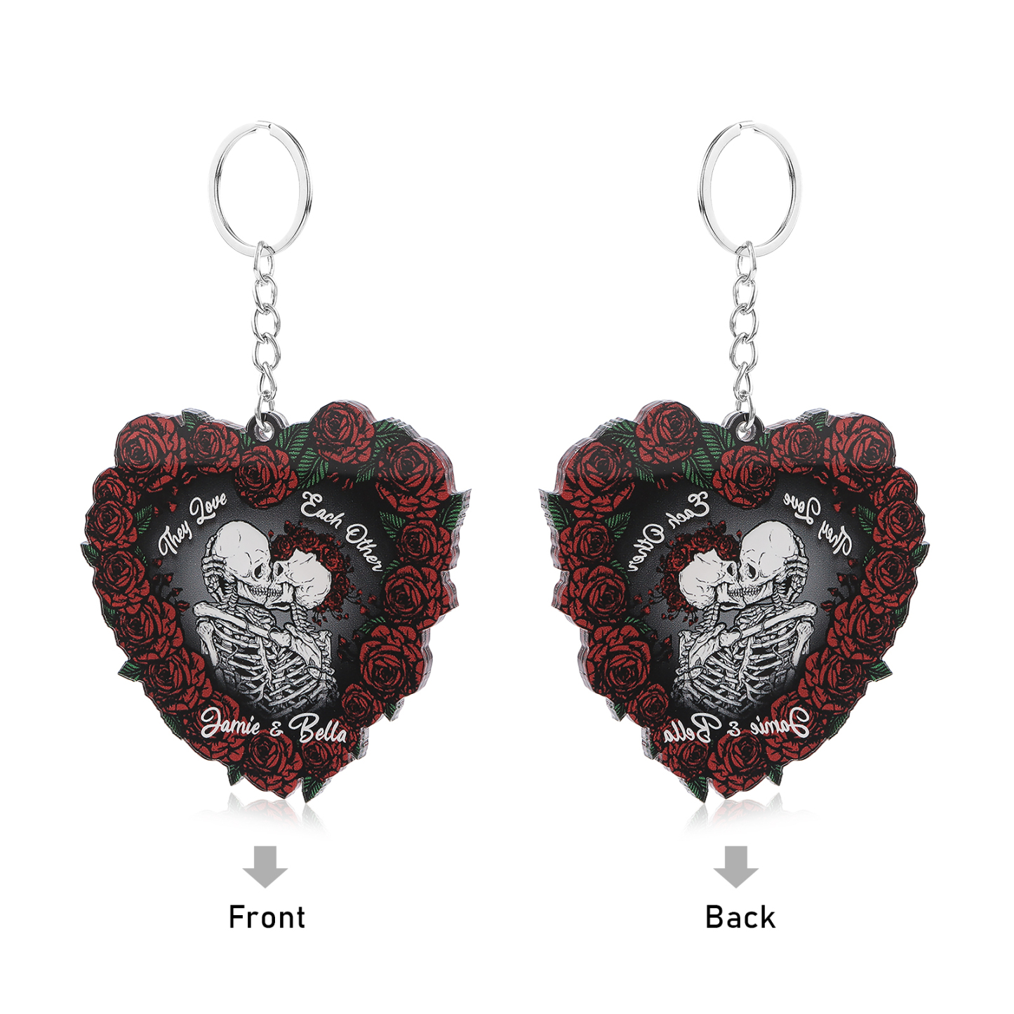 Personalised Heart-Shaped Skeleton Keychain & Ornament with Roses - Custom 2 Names Acrylic Decoration, Couple Gift for Him/Her | Jessemade
