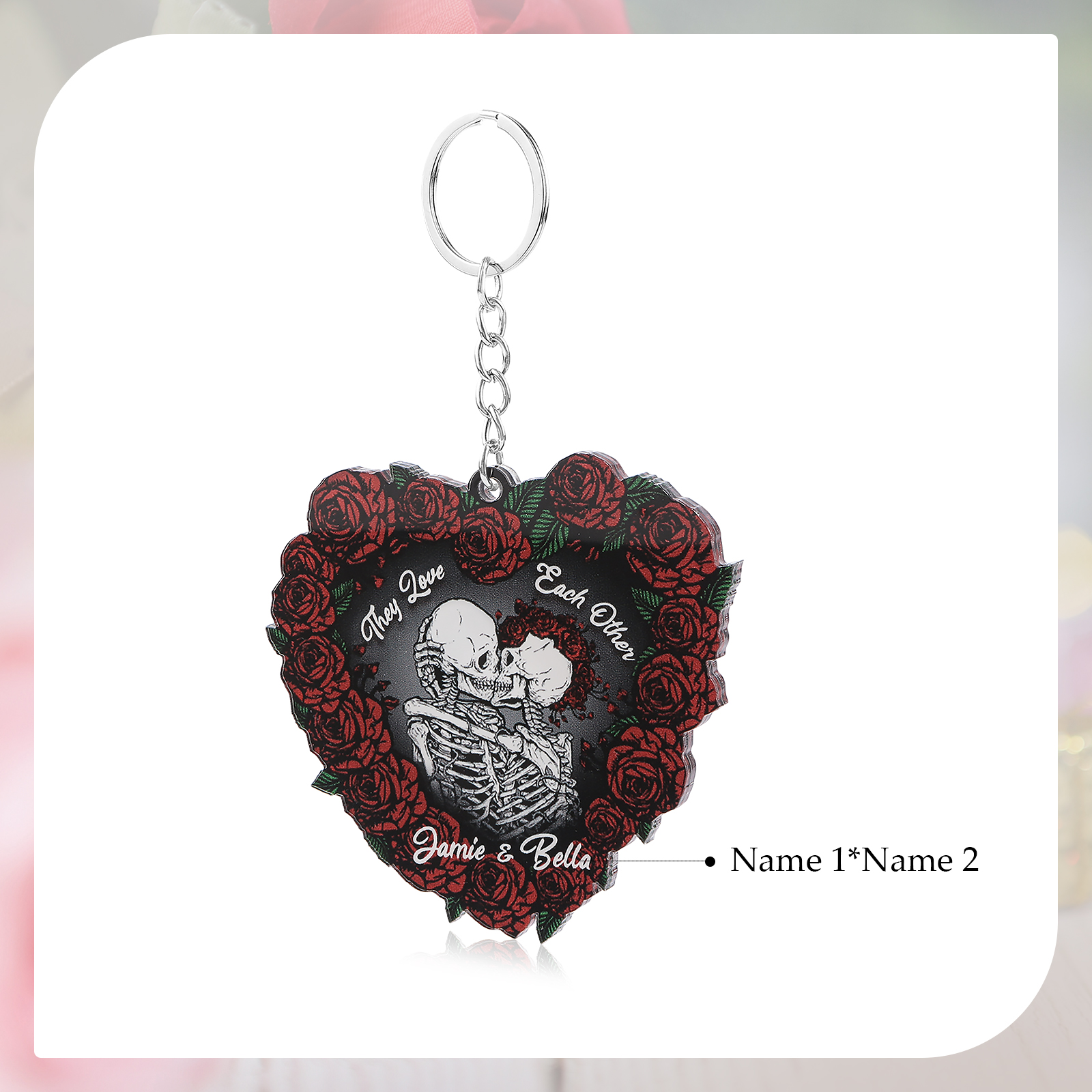 Personalised Heart-Shaped Skeleton Keychain & Ornament with Roses - Custom 2 Names Acrylic Decoration, Couple Gift for Him/Her | Jessemade
