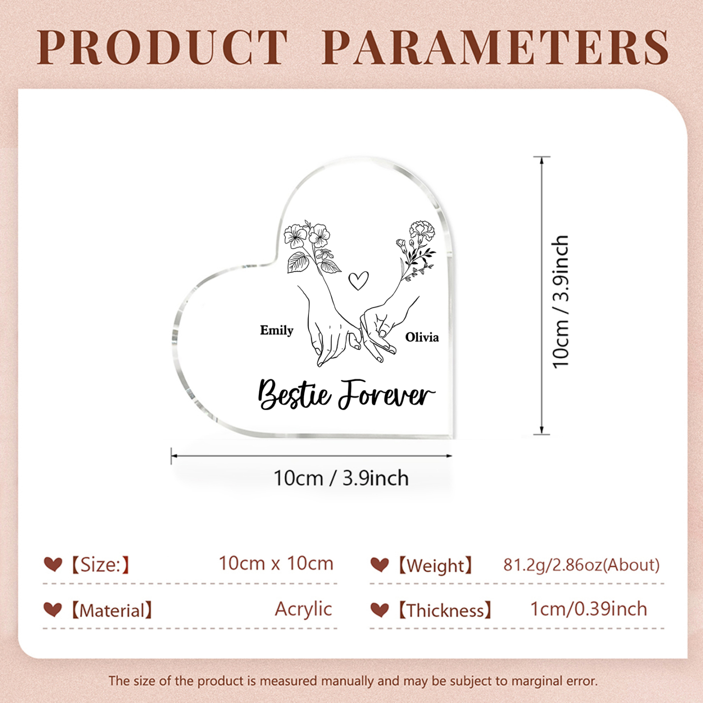 Personalized Friend Acrylic Ornament Custom 2 Names & Birth Flowers Acrylic Heart Keepsake Desktop Ornament for Friend | Jessemade