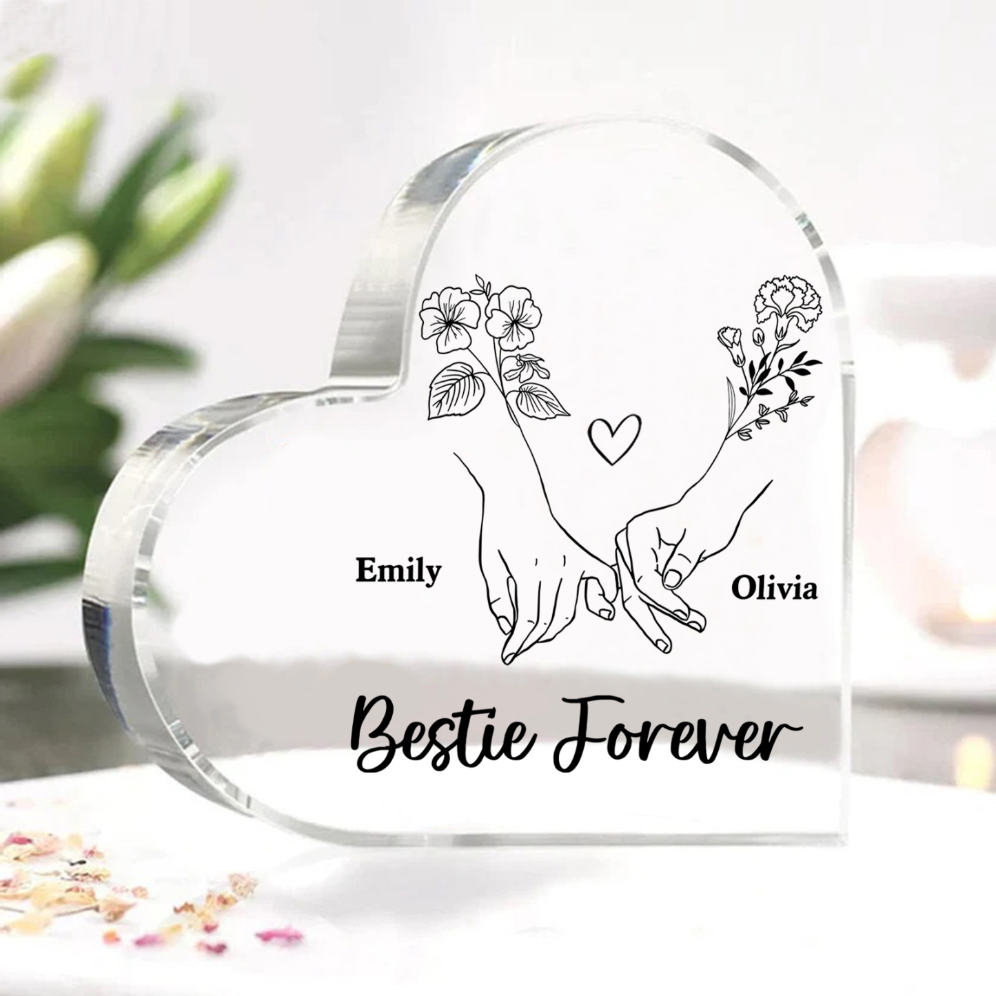 Personalized Friend Acrylic Ornament Custom 2 Names & Birth Flowers Acrylic Heart Keepsake Desktop Ornament for Friend | Jessemade
