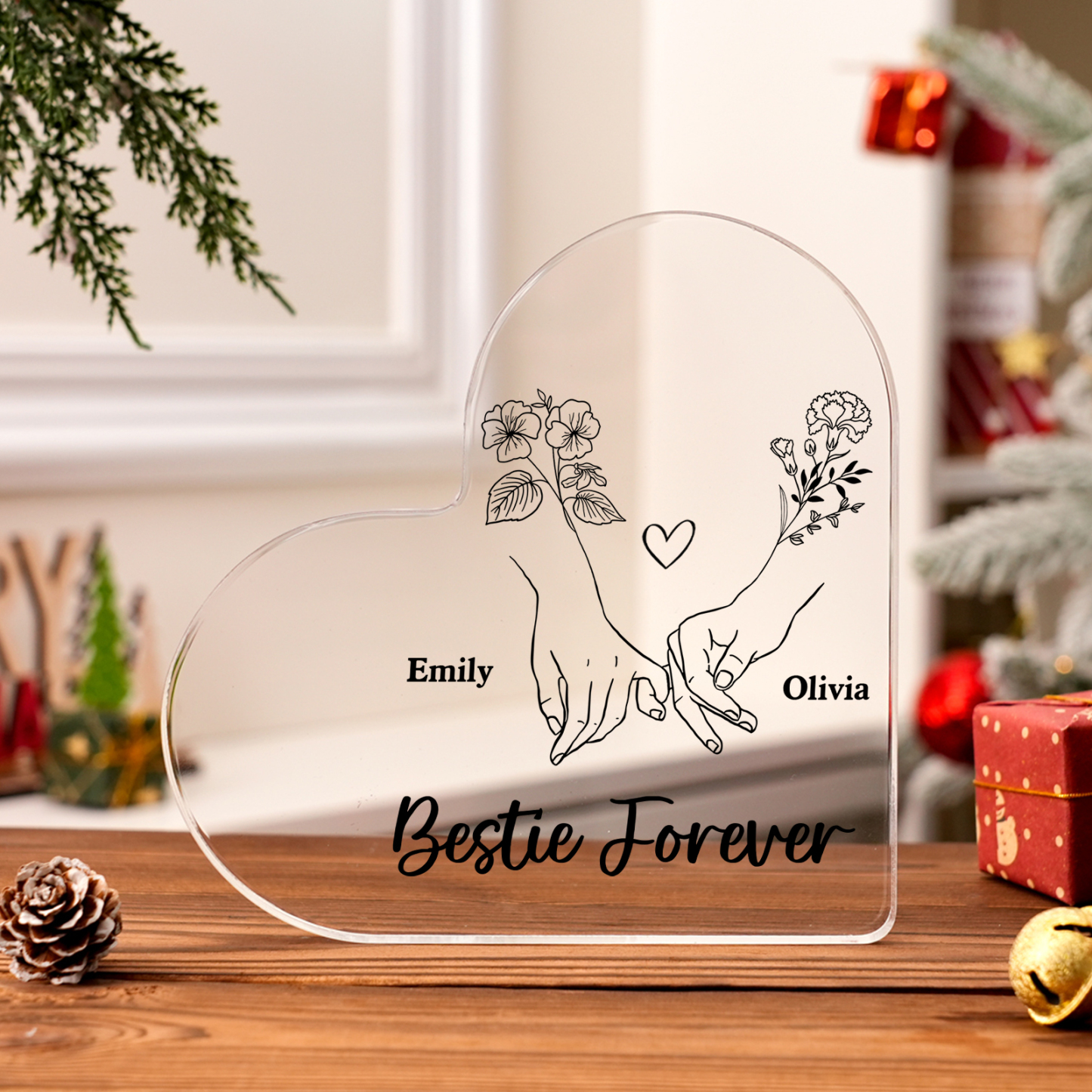 Personalized Friend Acrylic Ornament Custom 2 Names & Birth Flowers Acrylic Heart Keepsake Desktop Ornament for Friend | Jessemade
