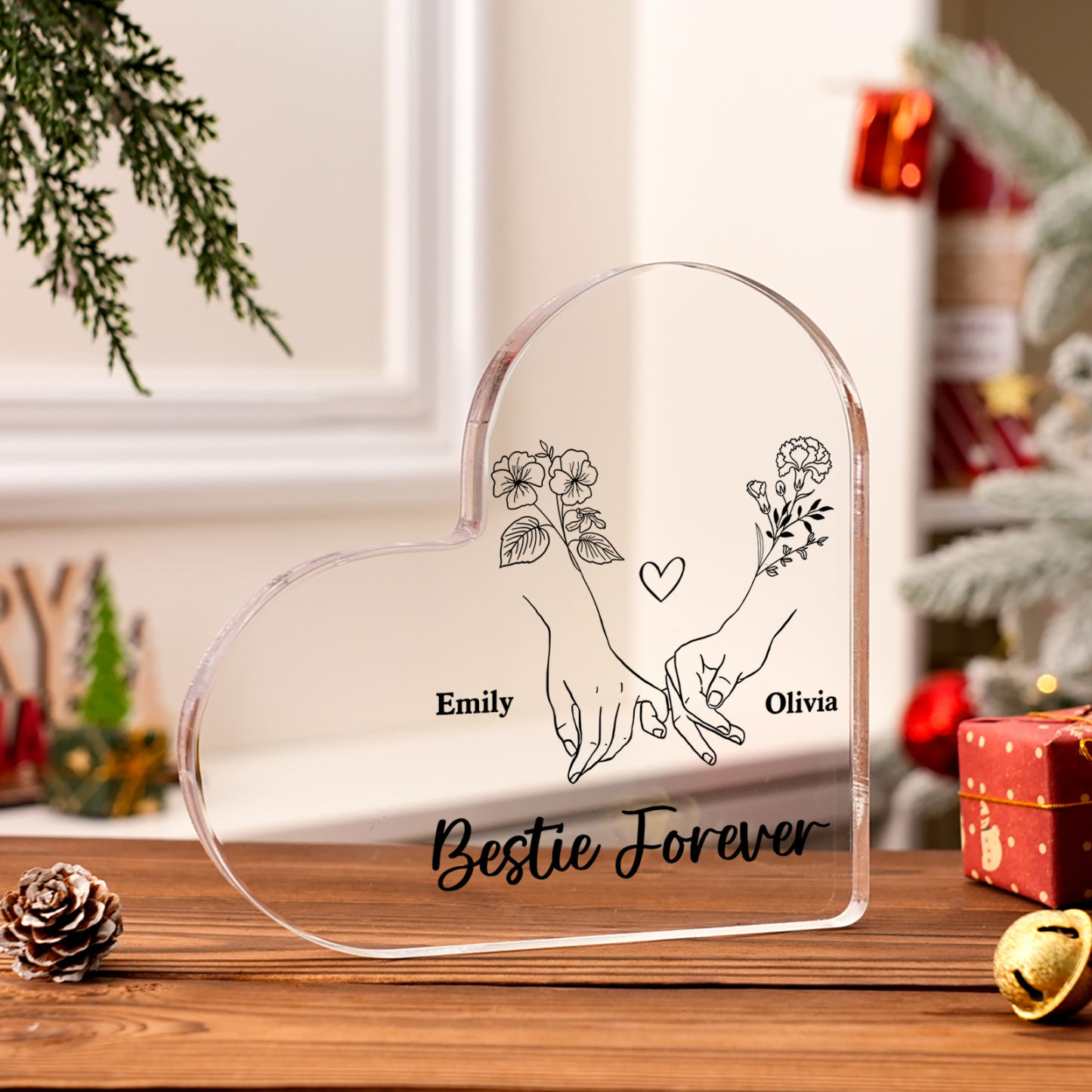 Personalized Friend Acrylic Ornament Custom 2 Names & Birth Flowers Acrylic Heart Keepsake Desktop Ornament for Friend | Jessemade