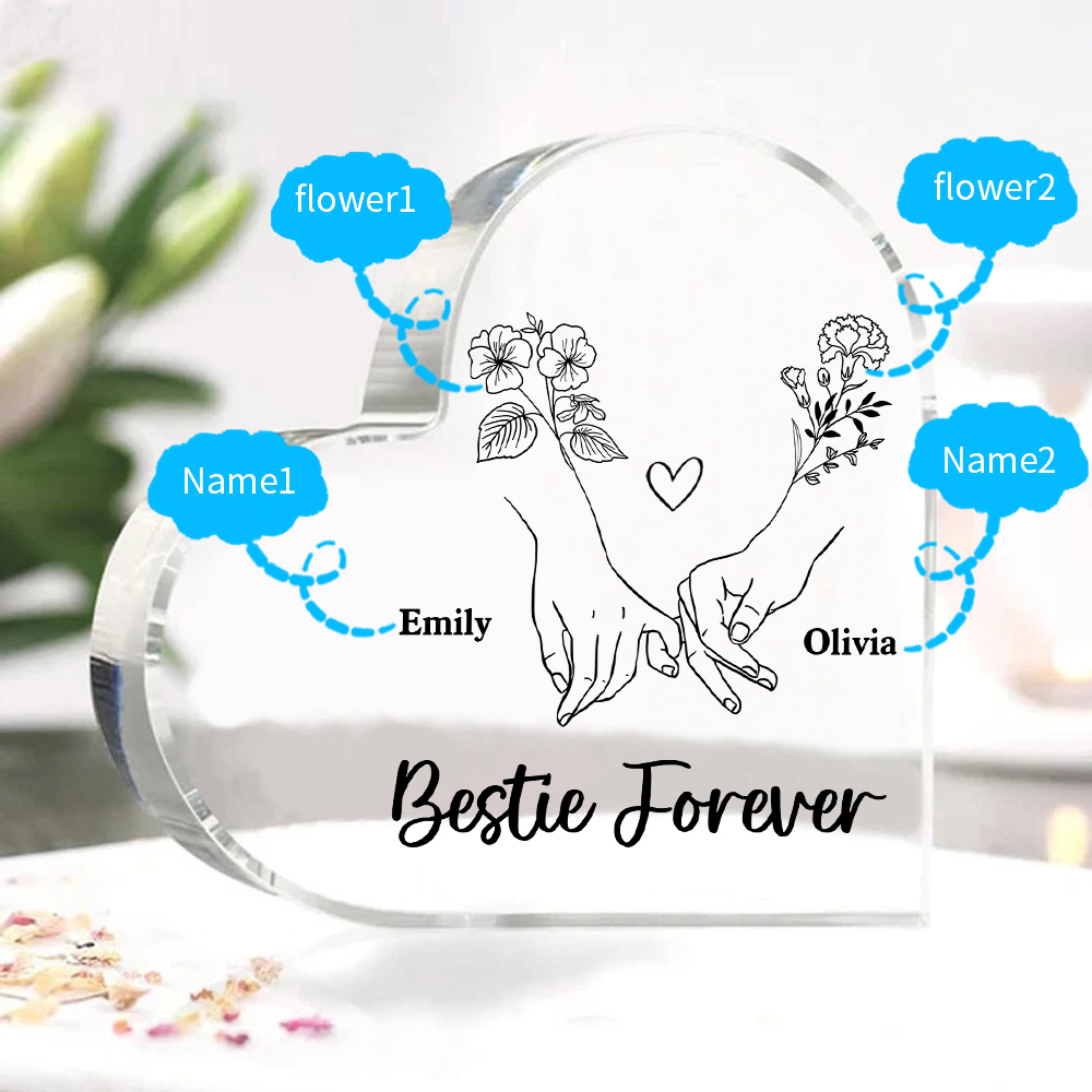 Personalized Friend Acrylic Ornament Custom 2 Names & Birth Flowers Acrylic Heart Keepsake Desktop Ornament for Friend | Jessemade