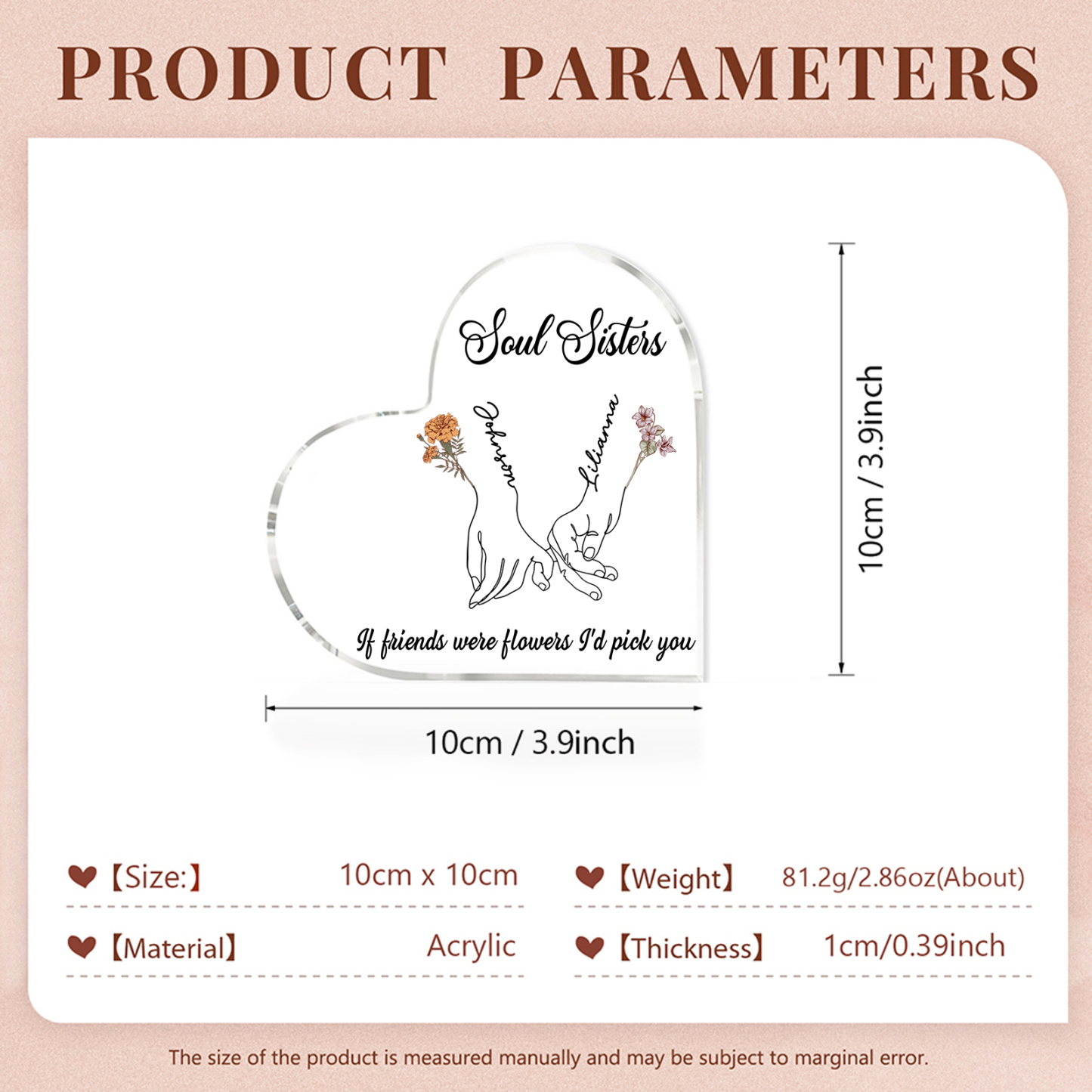 Personalized Friend Acrylic Ornament Custom 2 Names & Birth Flowers & 2 Texts Acrylic Heart Keepsake Desktop Ornament gift for Friend | Jessemade