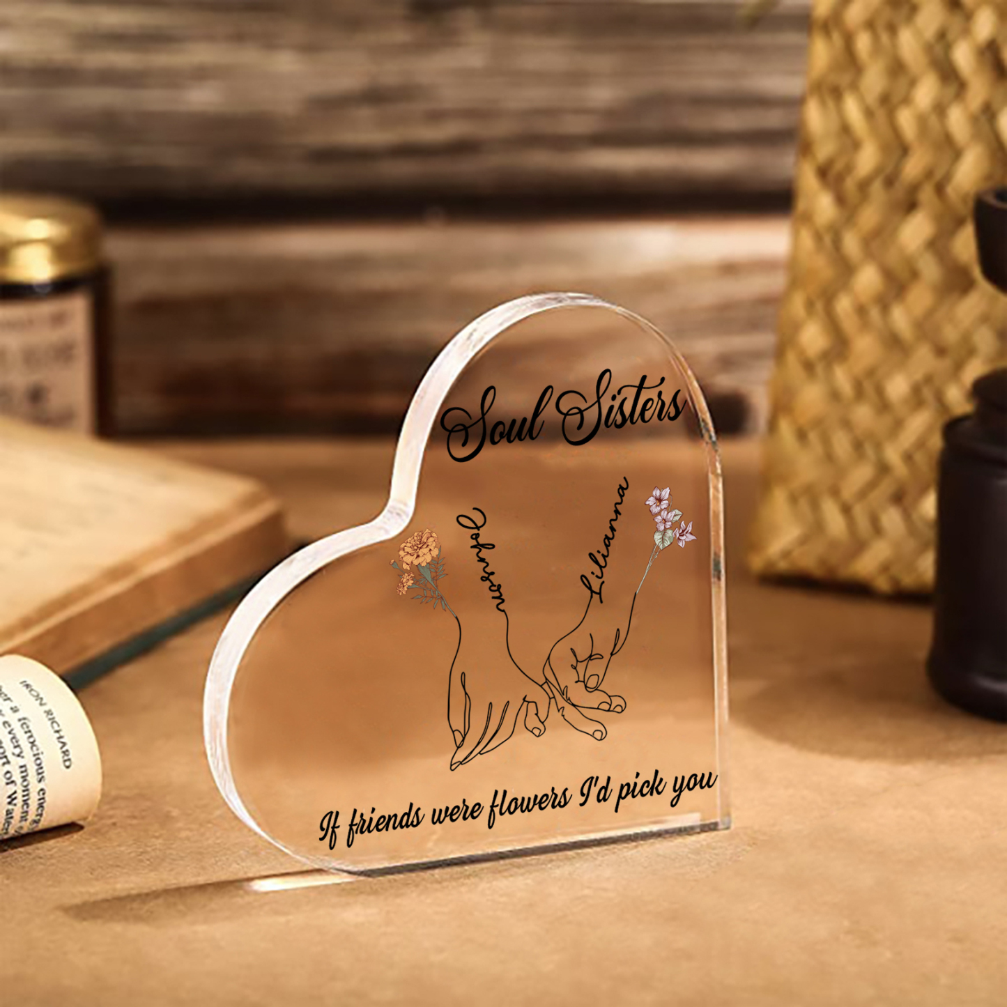 Personalized Friend Acrylic Ornament Custom 2 Names & Birth Flowers & 2 Texts Acrylic Heart Keepsake Desktop Ornament gift for Friend | Jessemade