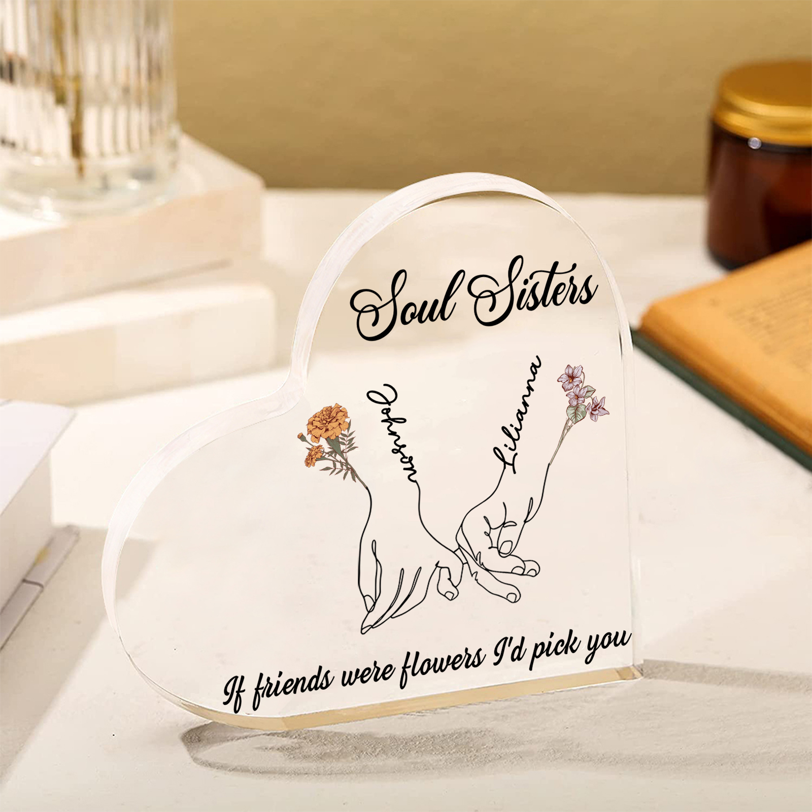 Personalized Friend Acrylic Ornament Custom 2 Names & Birth Flowers & 2 Texts Acrylic Heart Keepsake Desktop Ornament gift for Friend | Jessemade