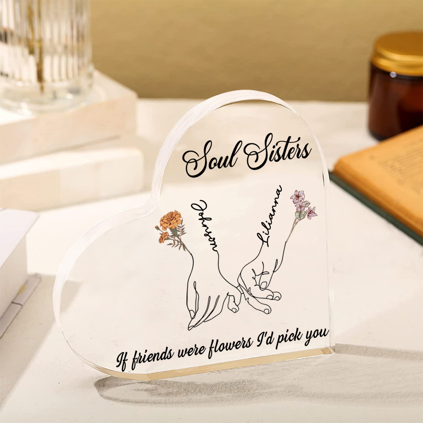 Personalized Friend Acrylic Ornament Custom 2 Names & Birth Flowers & 2 Texts Acrylic Heart Keepsake Desktop Ornament gift for Friend | Jessemade