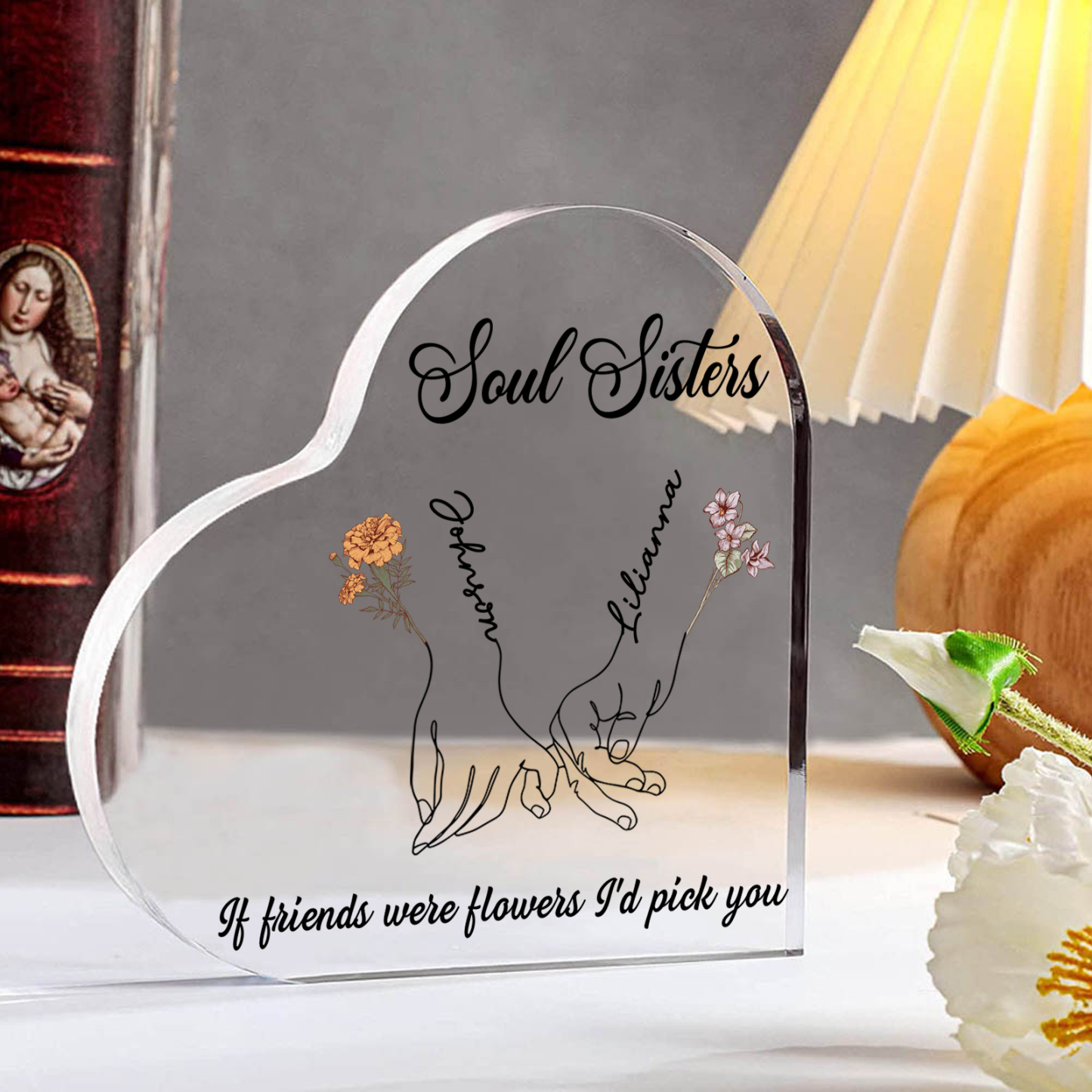 Personalized Friend Acrylic Ornament Custom 2 Names & Birth Flowers & 2 Texts Acrylic Heart Keepsake Desktop Ornament gift for Friend | Jessemade
