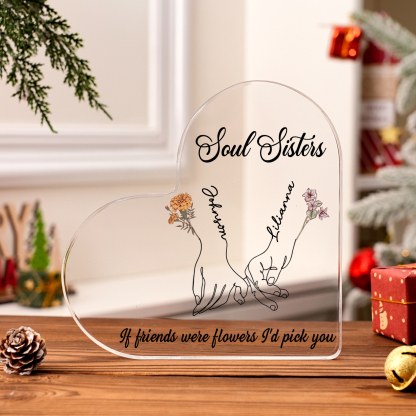 Personalized Friend Acrylic Ornament Custom 2 Names & Birth Flowers & 2 Texts Acrylic Heart Keepsake Desktop Ornament gift for Friend | Jessemade