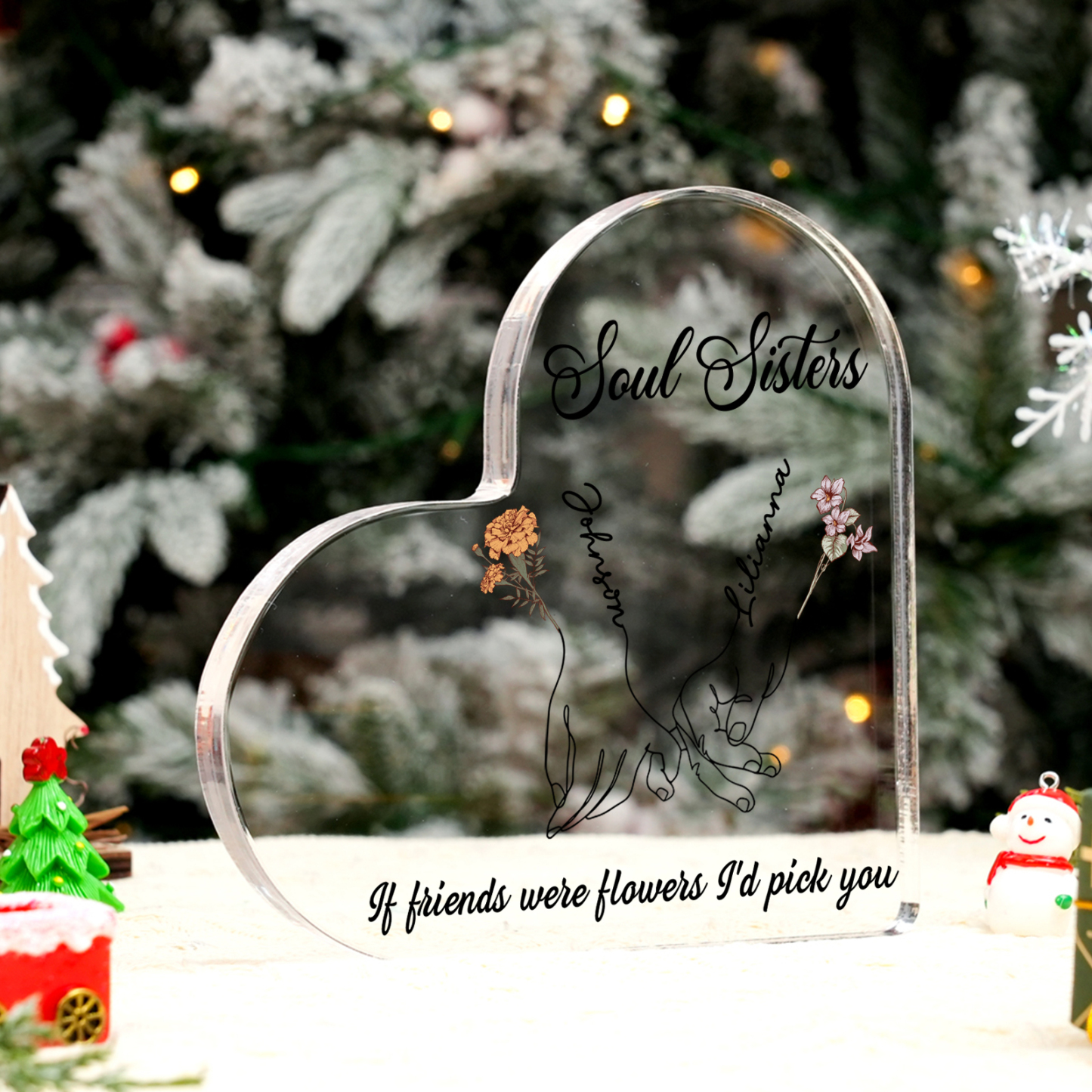 Personalized Friend Acrylic Ornament Custom 2 Names & Birth Flowers & 2 Texts Acrylic Heart Keepsake Desktop Ornament gift for Friend | Jessemade