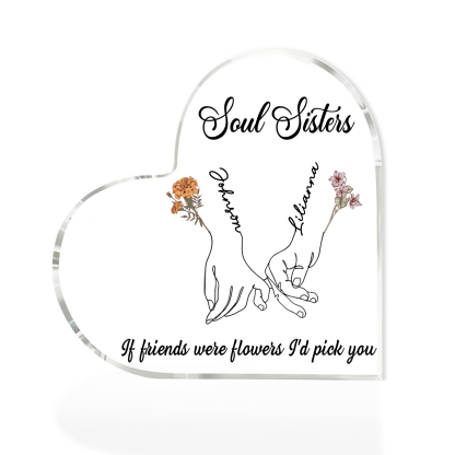 Personalized Friend Acrylic Ornament Custom 2 Names & Birth Flowers & 2 Texts Acrylic Heart Keepsake Desktop Ornament gift for Friend | Jessemade