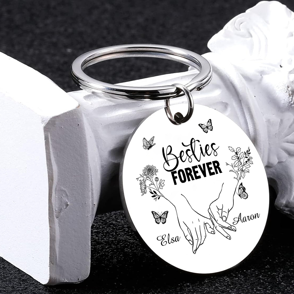 Personalized Friendship Keychain Custom 2 Names & Birth Flowers & Texts Special Keychain Gift For Friends | Jessemade 