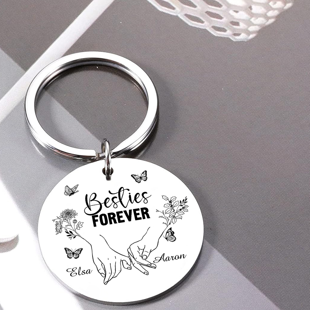 Personalized Friendship Keychain Custom 2 Names & Birth Flowers & Texts Special Keychain Gift For Friends | Jessemade 