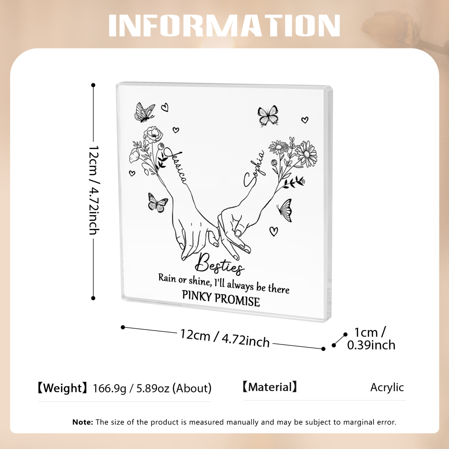 Personalized Friend Acrylic Ornament Custom 2 Names & Birth Flowers Acrylic Square Keepsake Desktop Ornament Gift for Friend | Jessemade