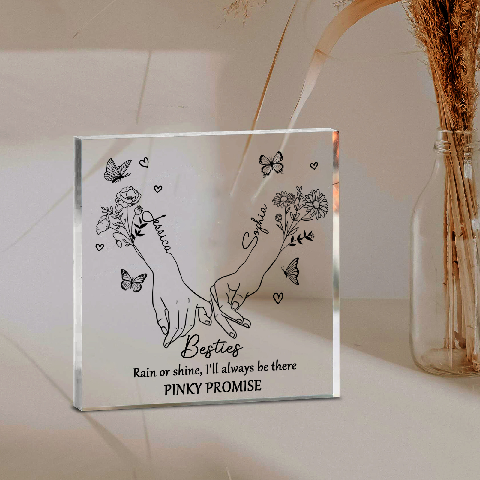 Personalized Friend Acrylic Ornament Custom 2 Names & Birth Flowers Acrylic Square Keepsake Desktop Ornament Gift for Friend | Jessemade