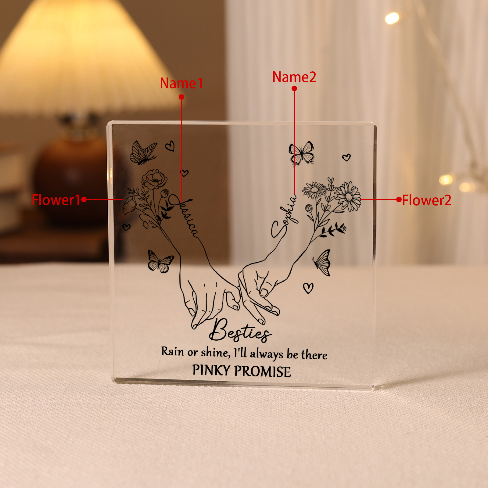 Personalized Friend Acrylic Ornament Custom 2 Names & Birth Flowers Acrylic Square Keepsake Desktop Ornament Gift for Friend | Jessemade