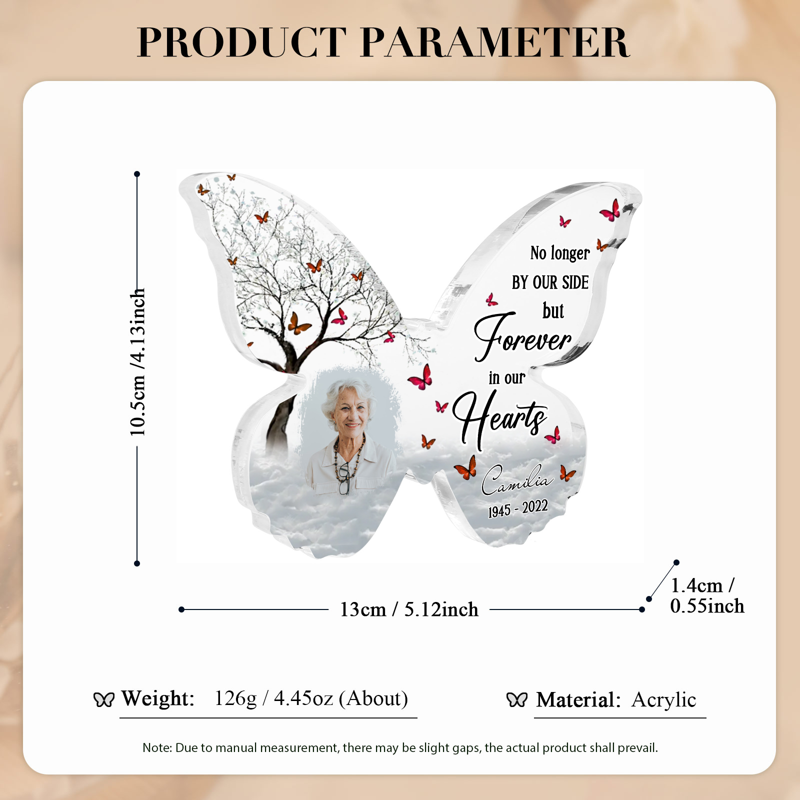 Personalised Butterfly Memorial Gift-Custom Memorial Acrylic Heart Keepsake Desktop Ornament-No longer BY OUR SIDE but Forever in our Hearts