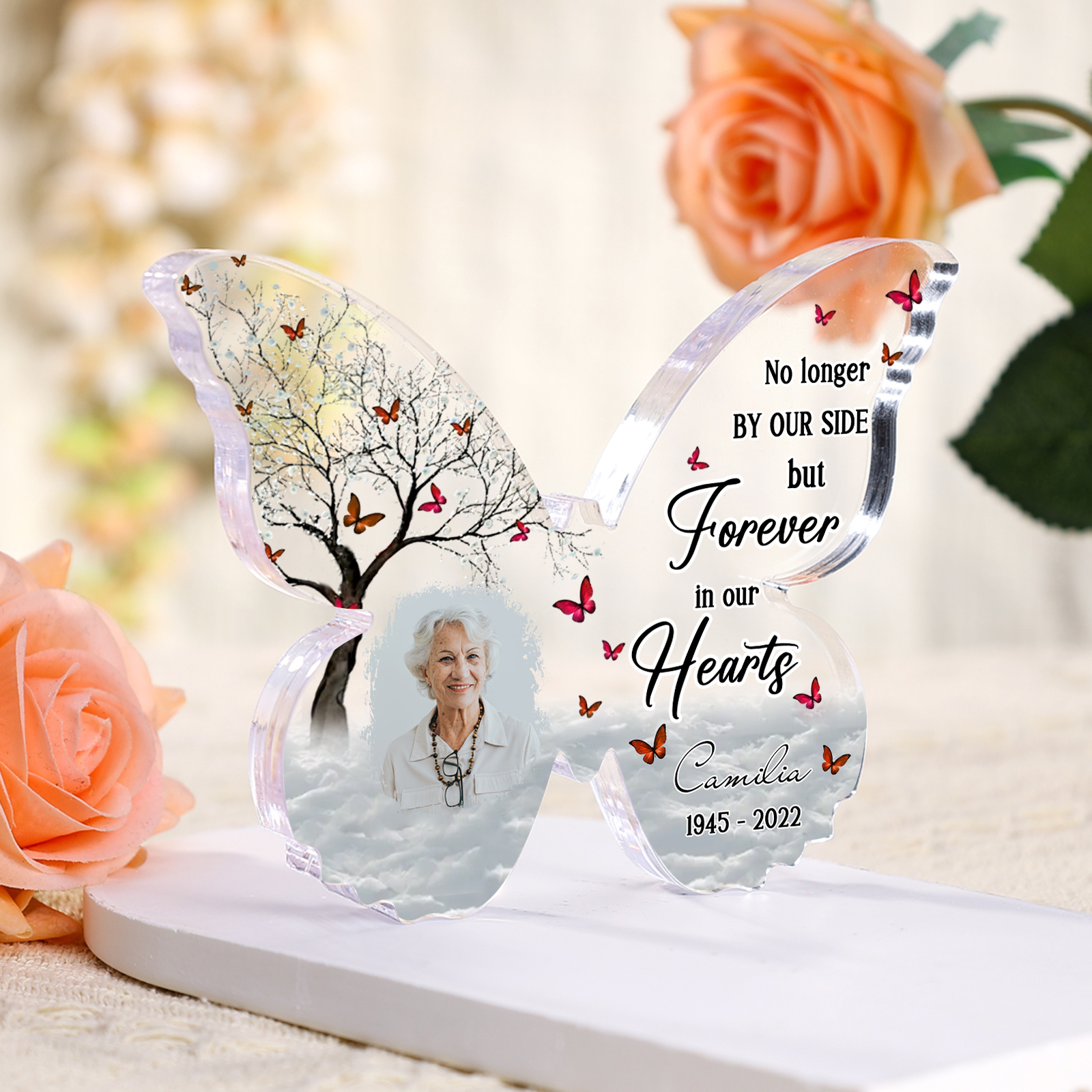 Personalised Butterfly Memorial Gift-Custom Memorial Acrylic Heart Keepsake Desktop Ornament-No longer BY OUR SIDE but Forever in our Hearts