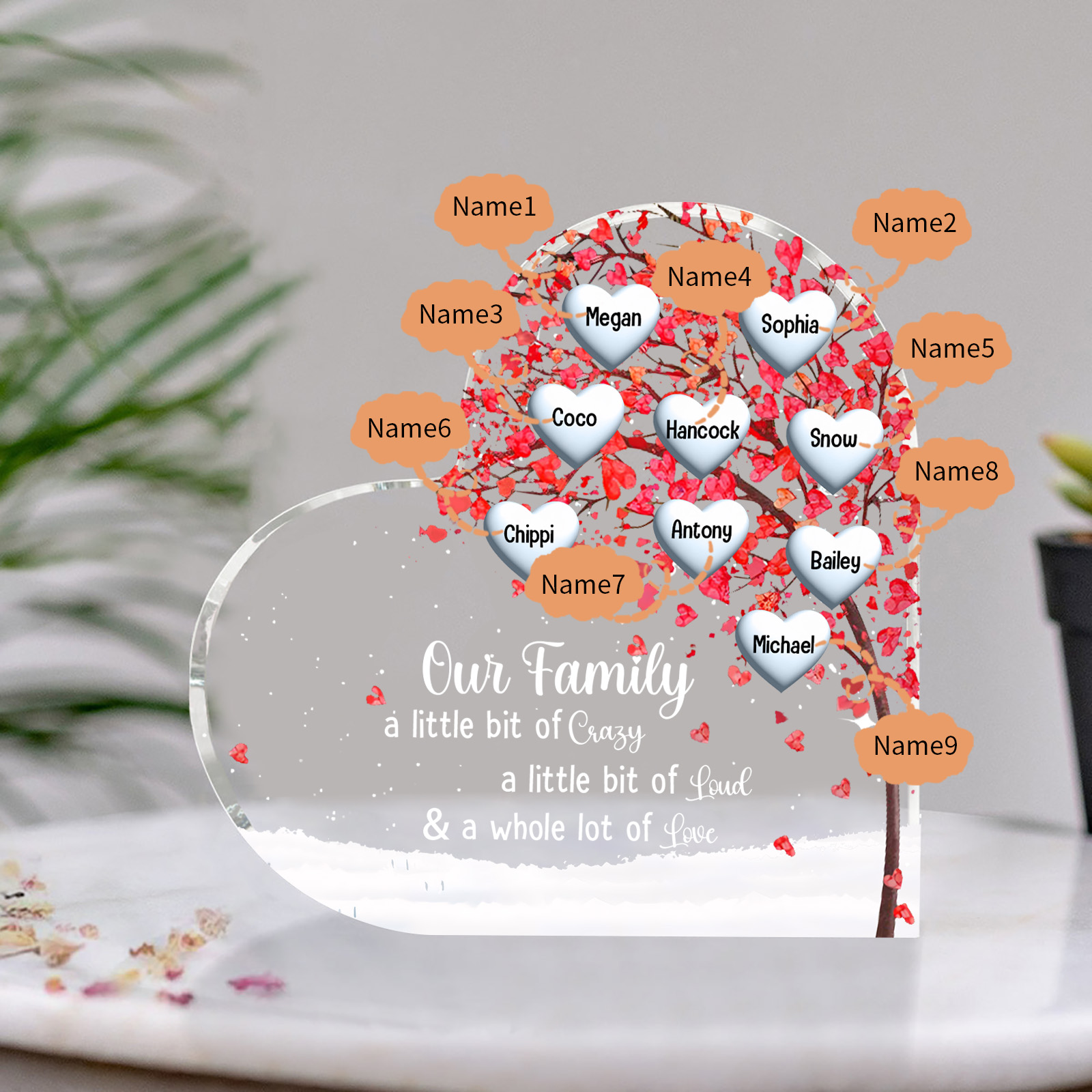 Personalised Acrylic Heart Family Plaque - Custom 1–10 Names Shaped Family Tree Gift for Family | Jessmade