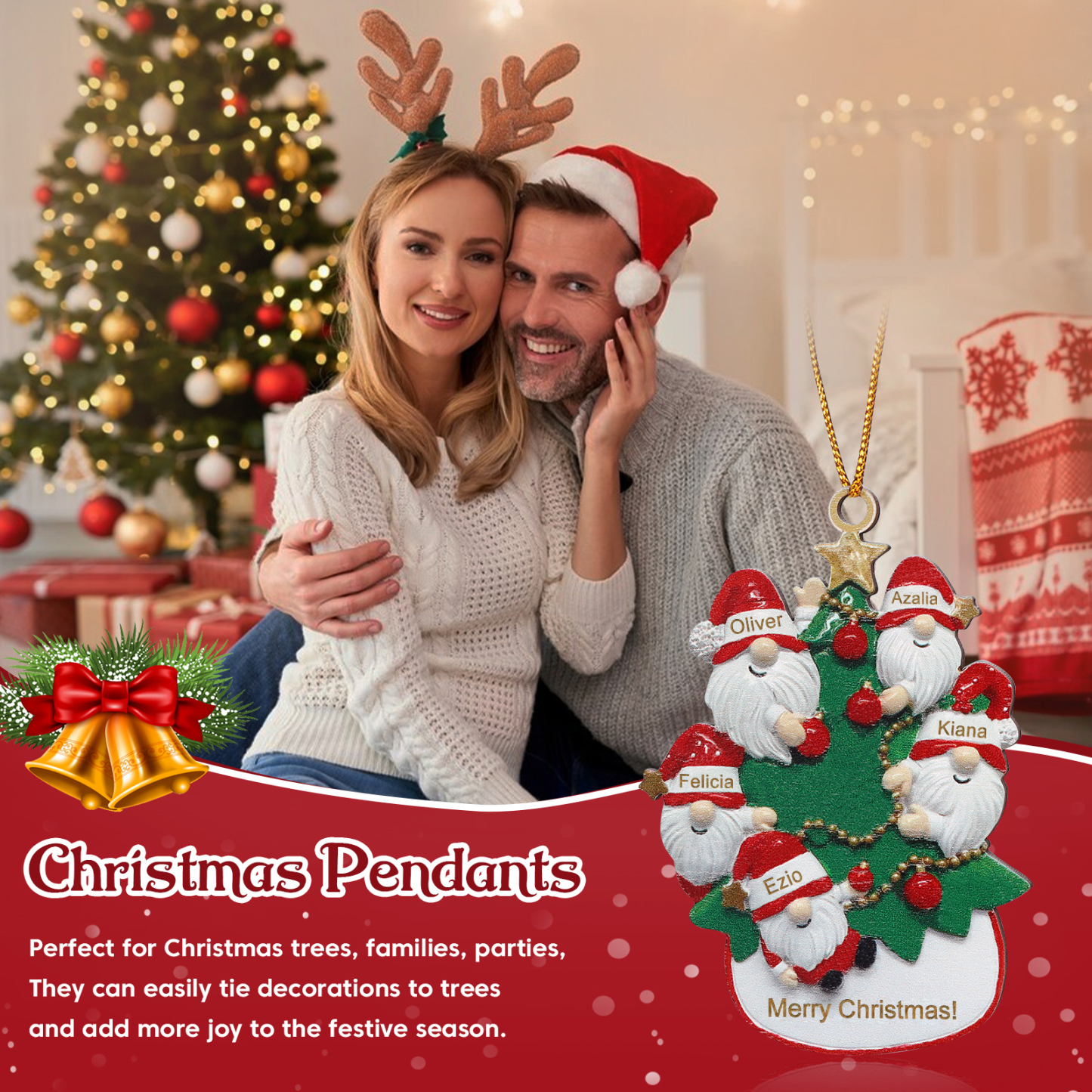 Personalised Wooden Santa Ornament - Custom 5 Names & Text Christmas Gift for Family | Jessemade