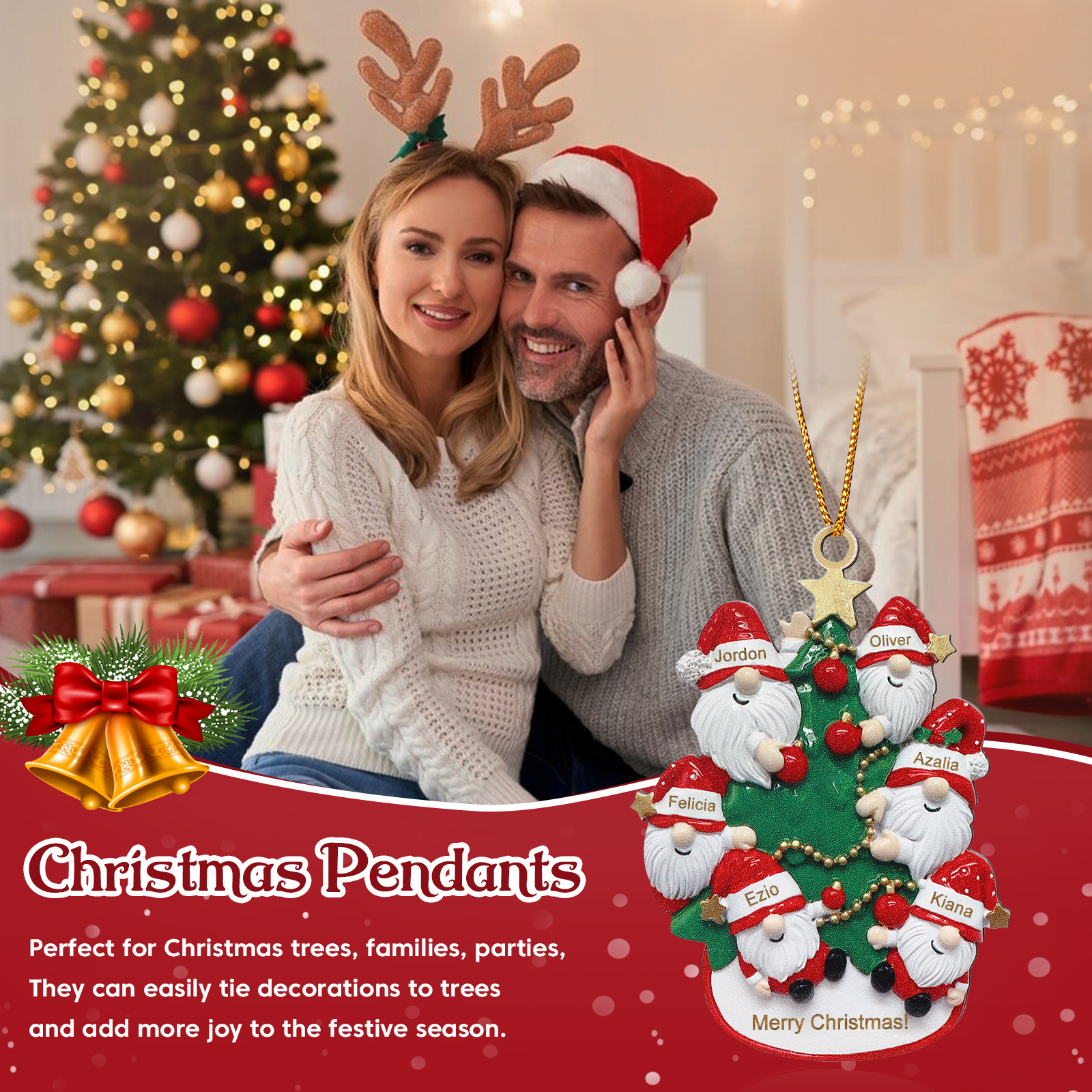 Personalised Wooden Santa Ornament - Custom 6 Names & Text Christmas Gift for Family | Jessemade