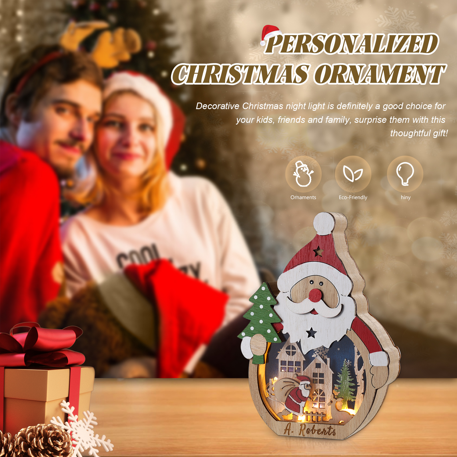 Personalized Santa Tree Wooden Ornament – Custom 1 Name Christmas Gift | Home Decoration for Family | Jessmade