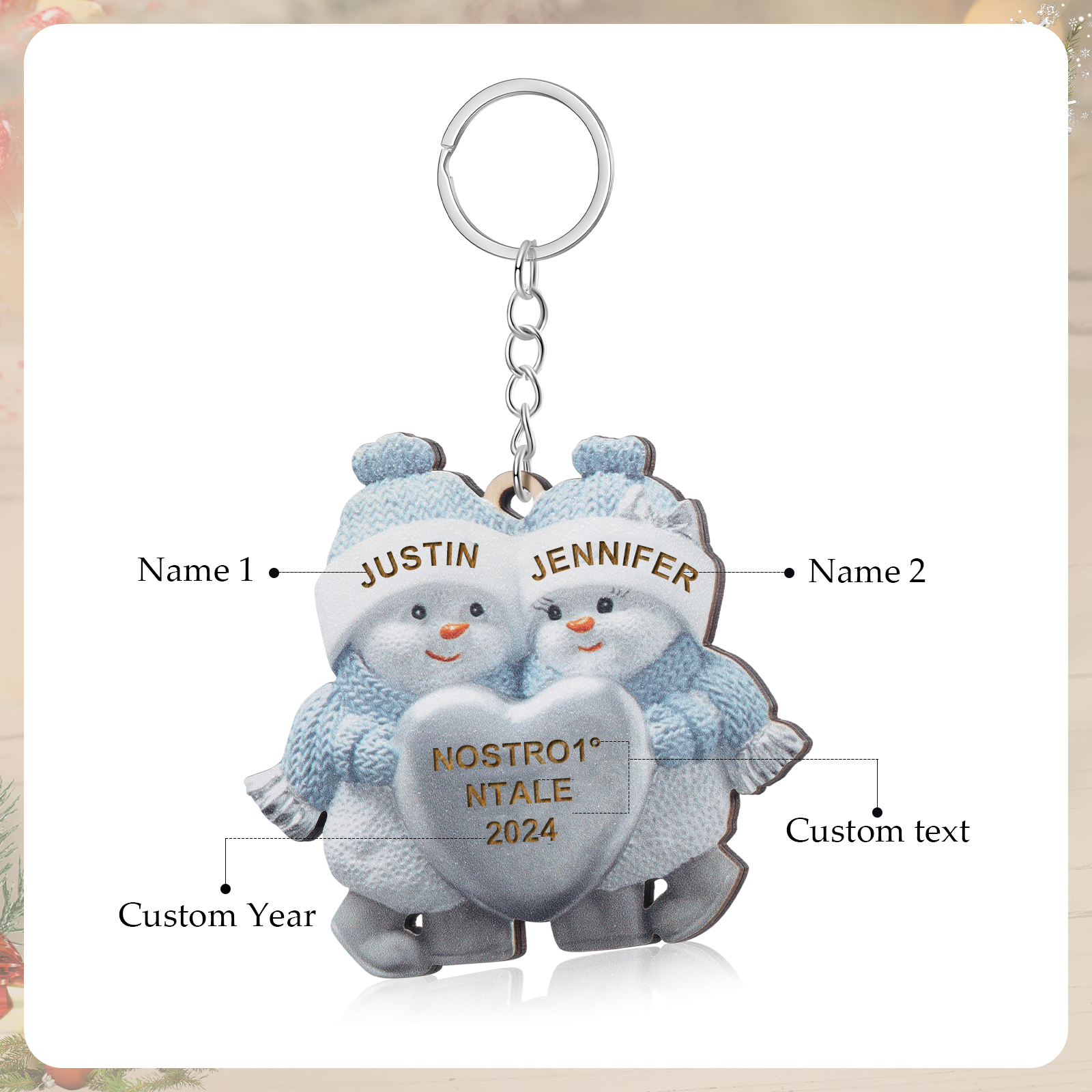 Personalised Wooden Snowman Ornament/Keyring - Custom 2 Names, Text & Year Christmas Gift for Couples | Jessemade