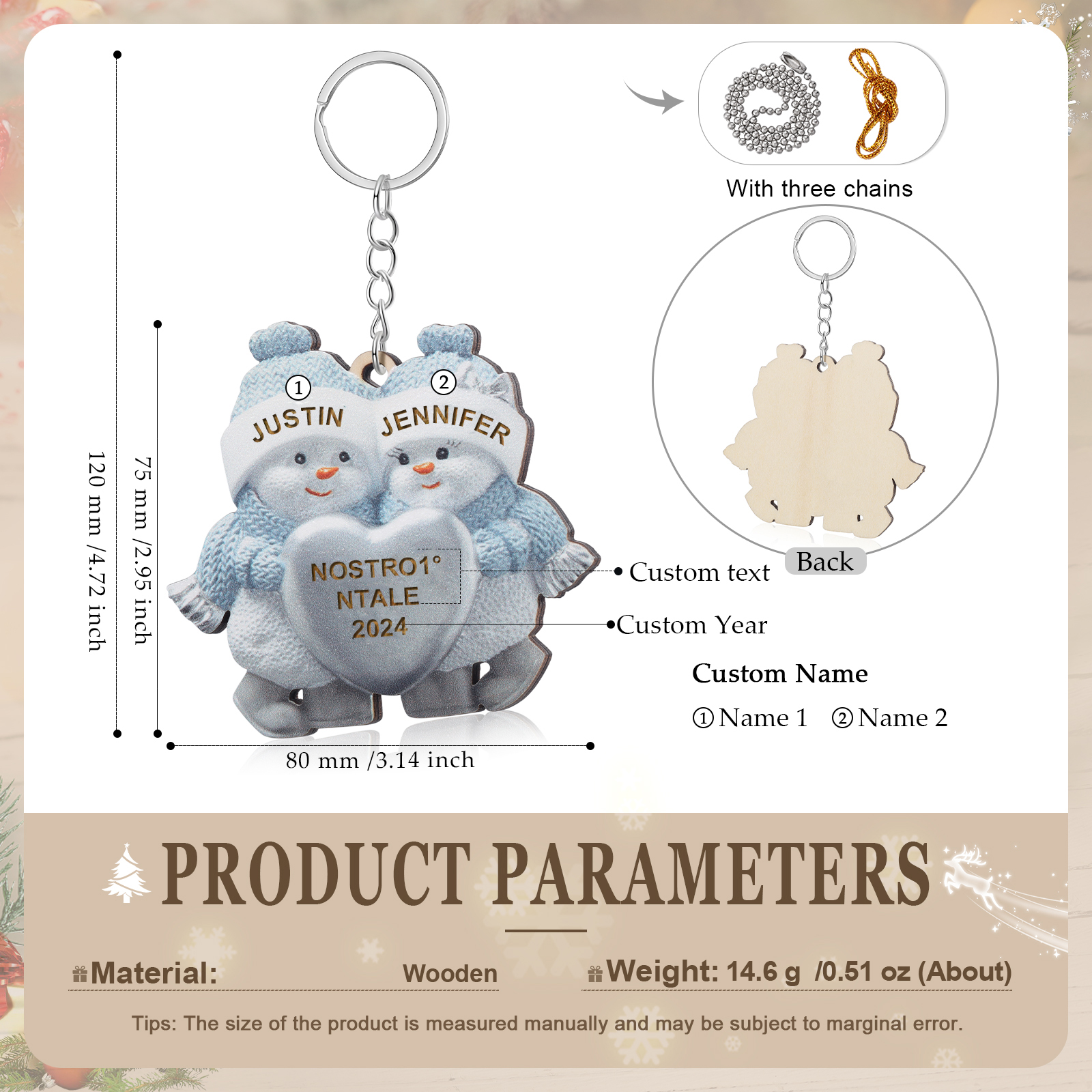 Personalised Wooden Snowman Ornament/Keyring - Custom 2 Names, Text & Year Christmas Gift for Couples | Jessemade