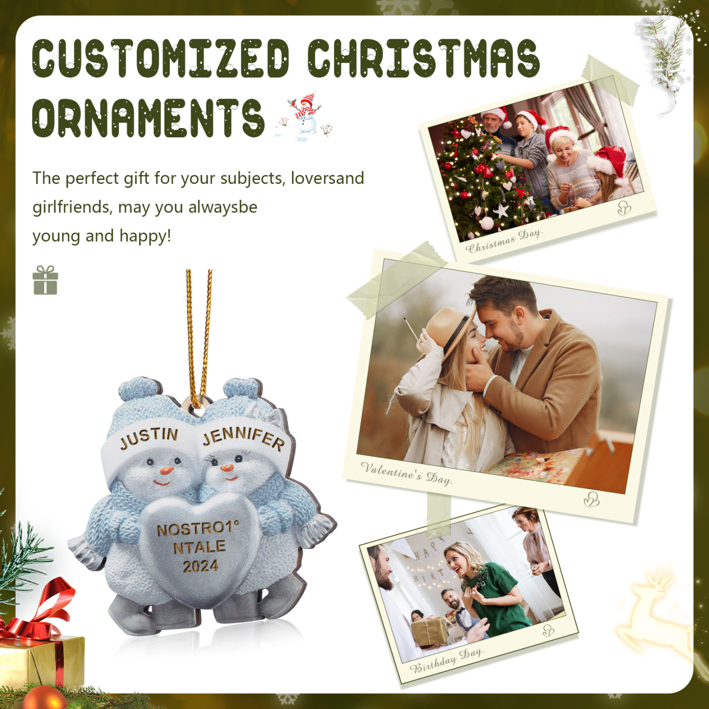 Personalised Wooden Snowman Ornament/Keyring - Custom 2 Names, Text & Year Christmas Gift for Couples | Jessemade