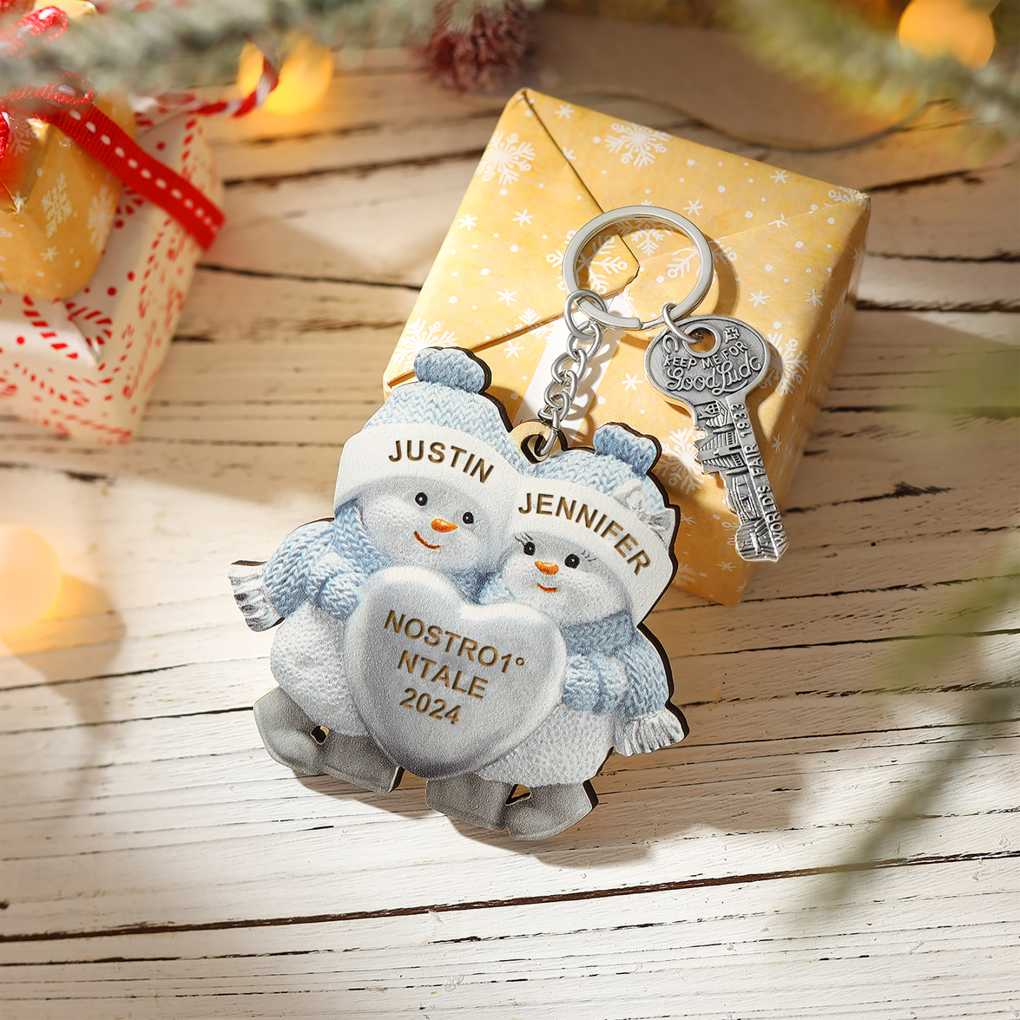 Personalised Wooden Snowman Ornament/Keyring - Custom 2 Names, Text & Year Christmas Gift for Couples | Jessemade