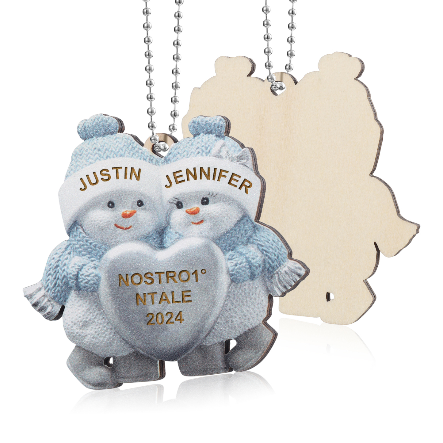 Personalised Wooden Snowman Ornament/Keyring - Custom 2 Names, Text & Year Christmas Gift for Couples | Jessemade