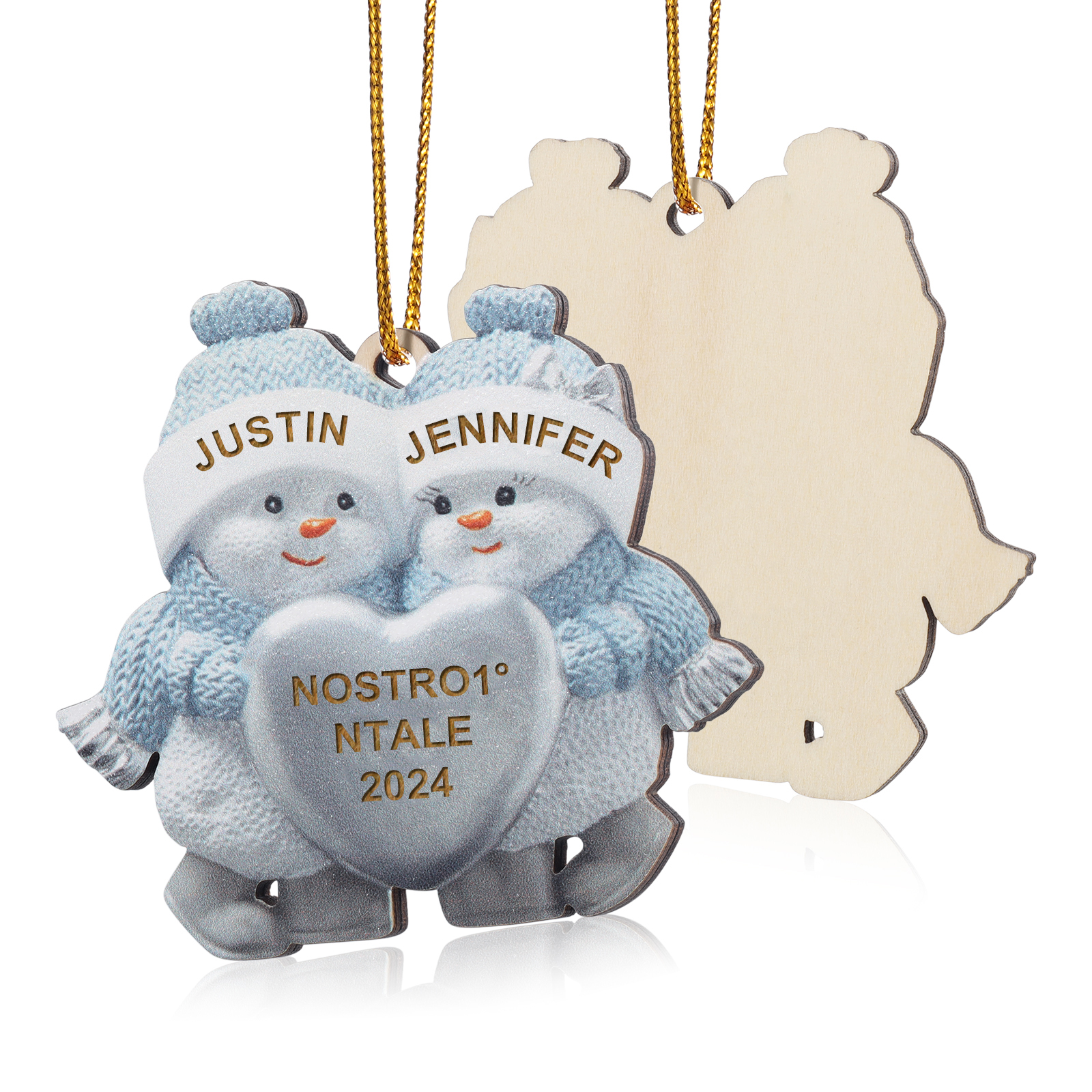 Personalised Wooden Snowman Ornament/Keyring - Custom 2 Names, Text & Year Christmas Gift for Couples | Jessemade