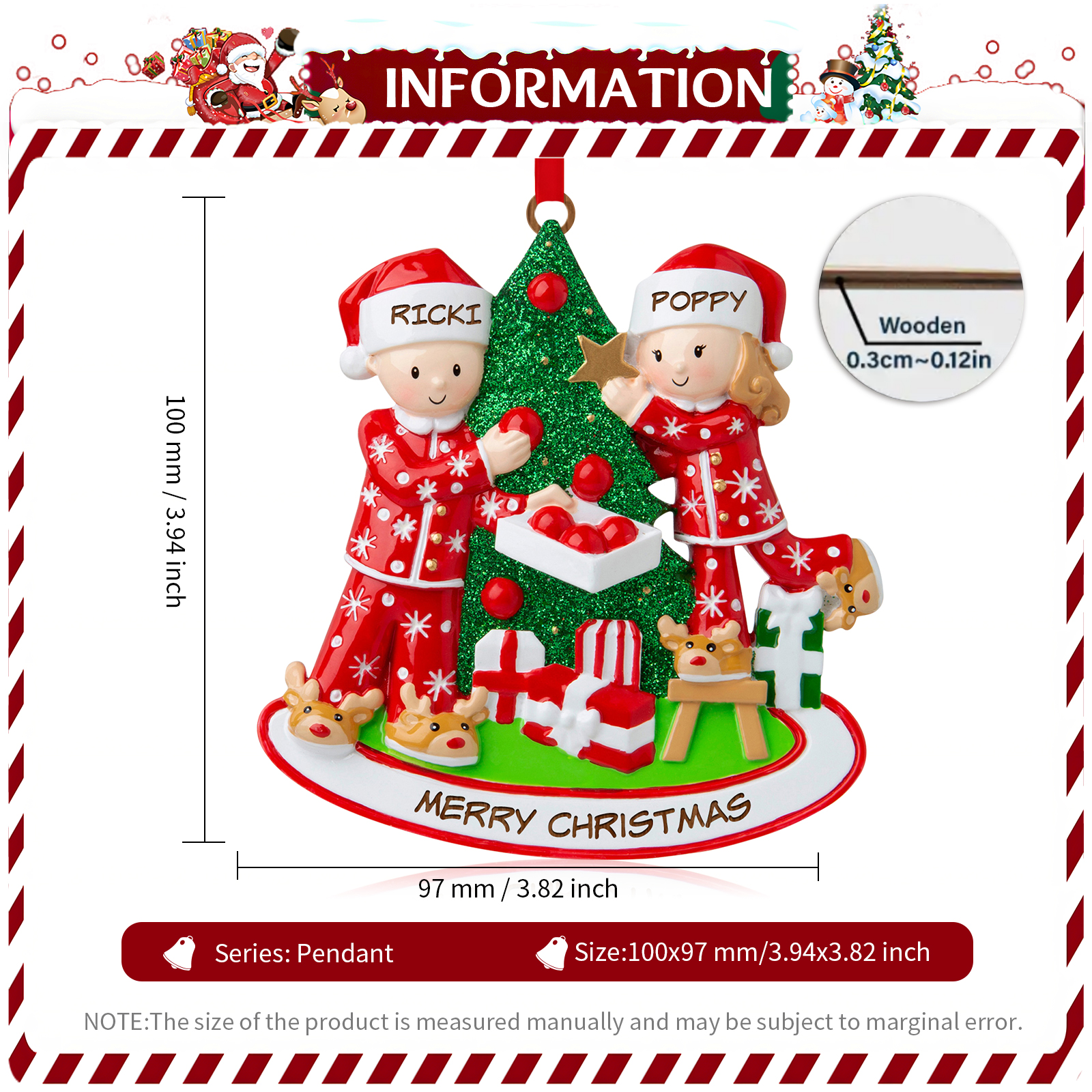 Personalized Wooden Christmas Ornament with Christmas Tree Custom 2 Names & 1 Text Christmas Gift for Couple | Jessmade