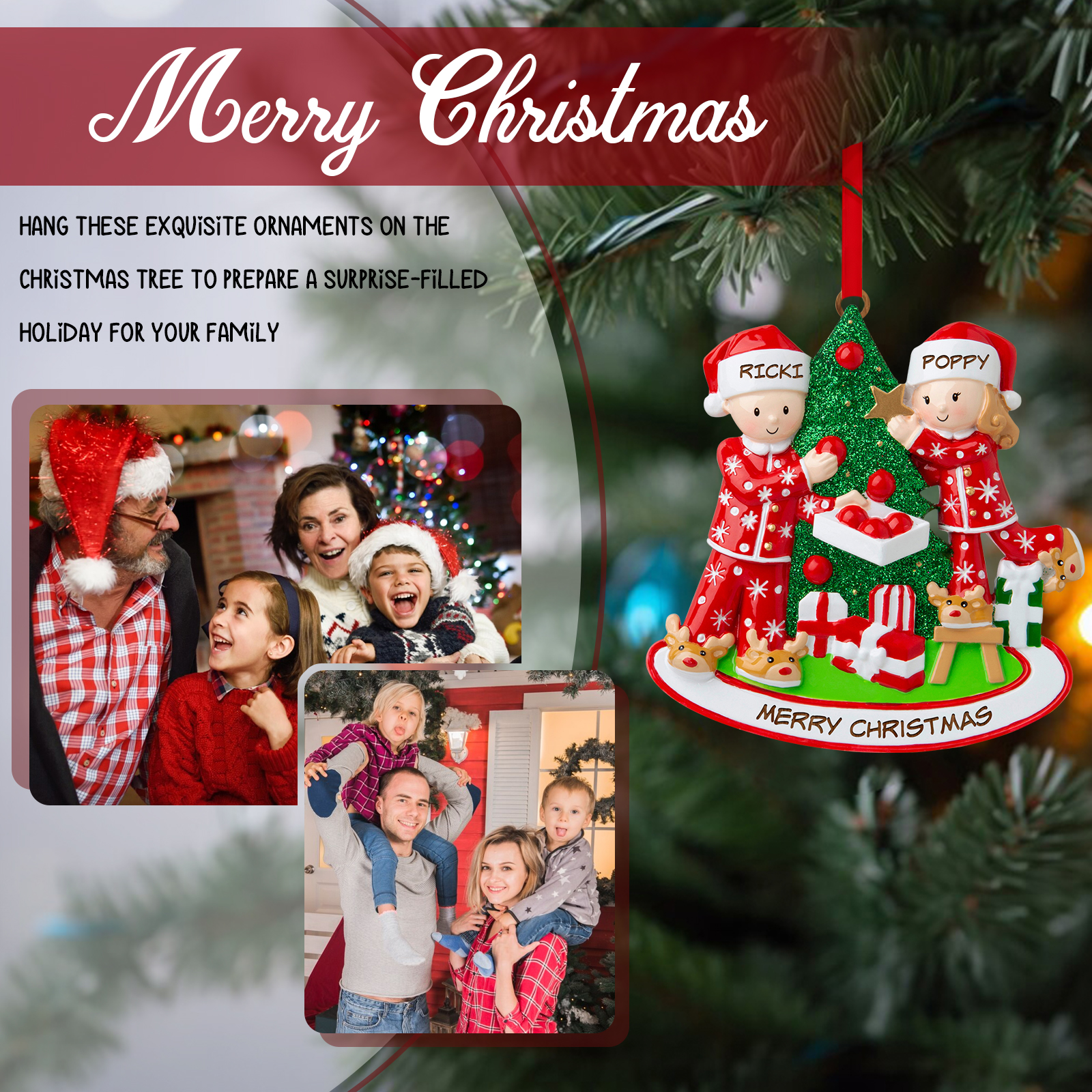 Personalized Wooden Christmas Ornament with Christmas Tree Custom 2 Names & 1 Text Christmas Gift for Couple | Jessmade