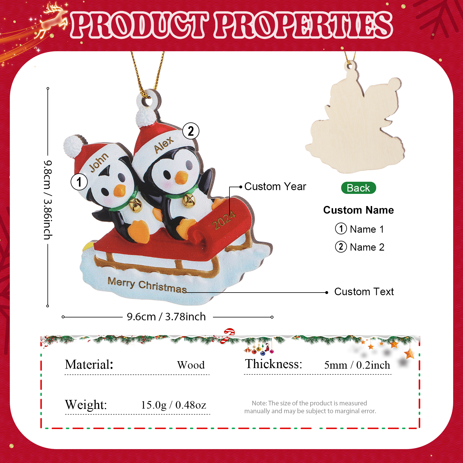 Personalised Christmas Ornament - Custom 2 Names & 1 Year & Text Wooden Ornament Christmas Gift for Family | Jessemade