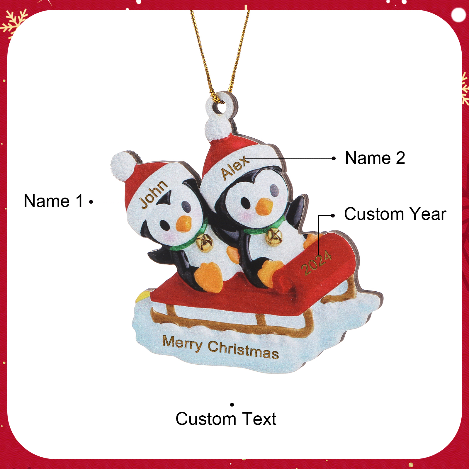 Personalised Christmas Ornament - Custom 2 Names & 1 Year & Text Wooden Ornament Christmas Gift for Family | Jessemade
