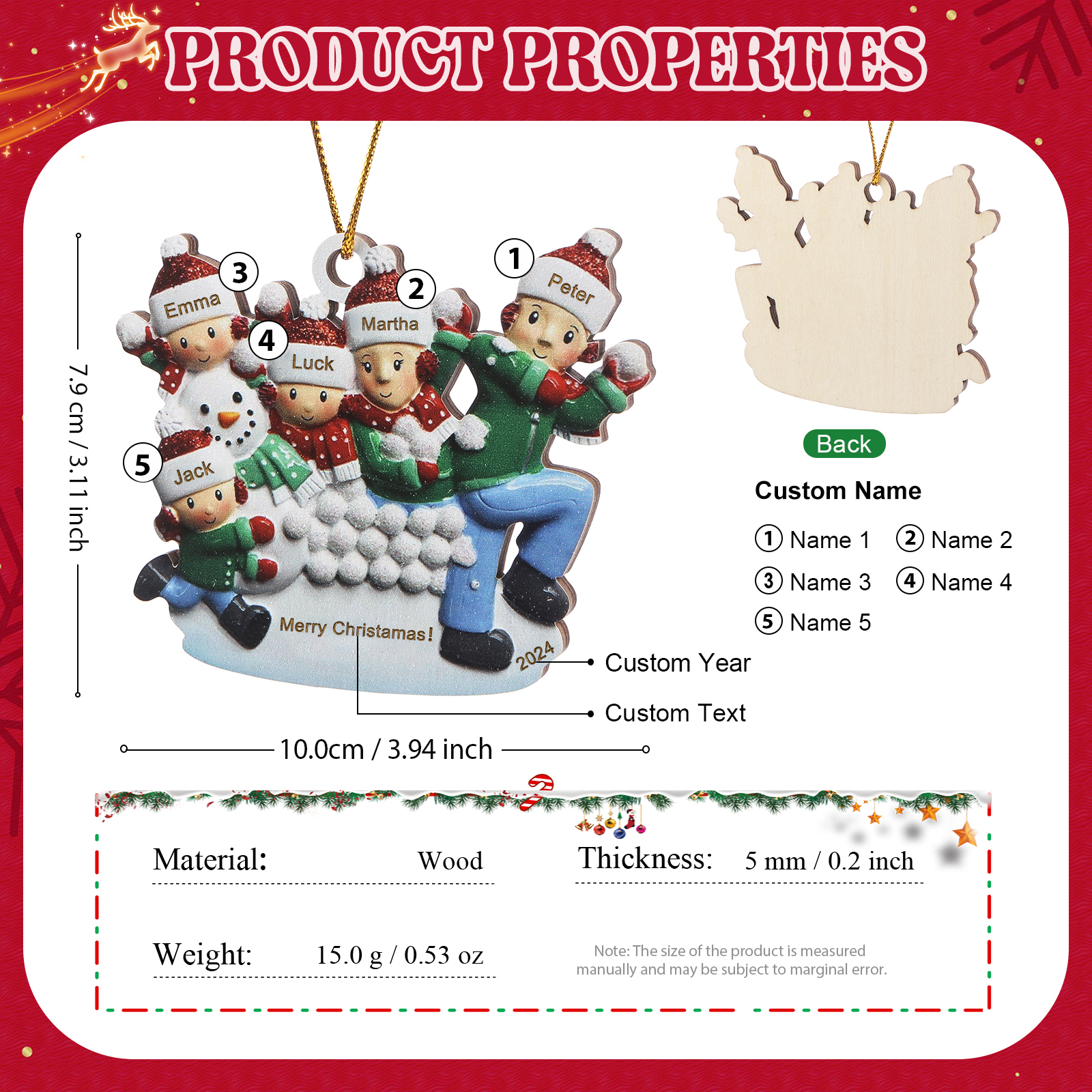 Personalised Family Christmas Ornament Custom 3-5 Names & 1 Year & 1Text Wooden Ornament Family Christmas Gift | Jessemade