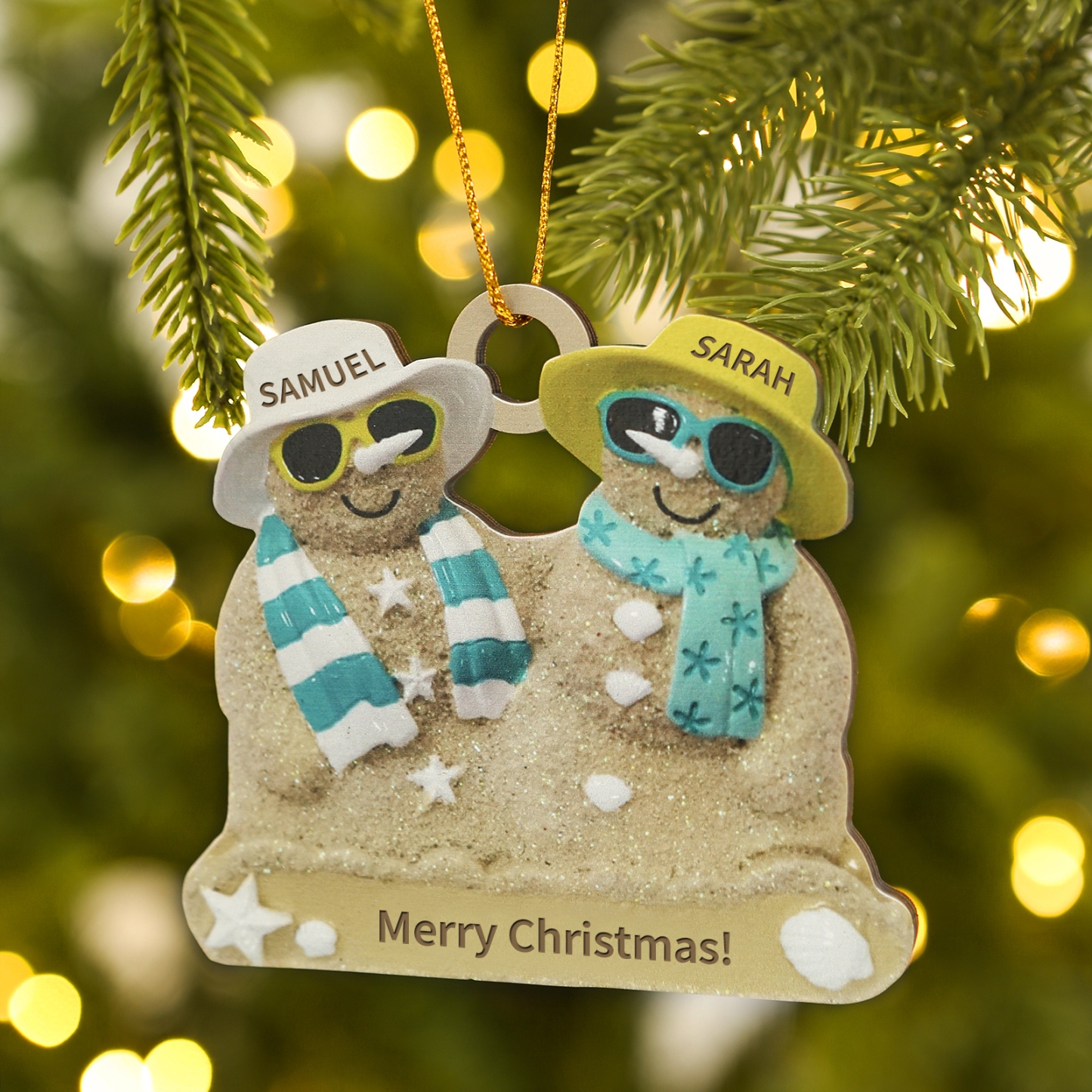 Personalized Wooden Family Beach-Themed Christmas Ornament with Custom