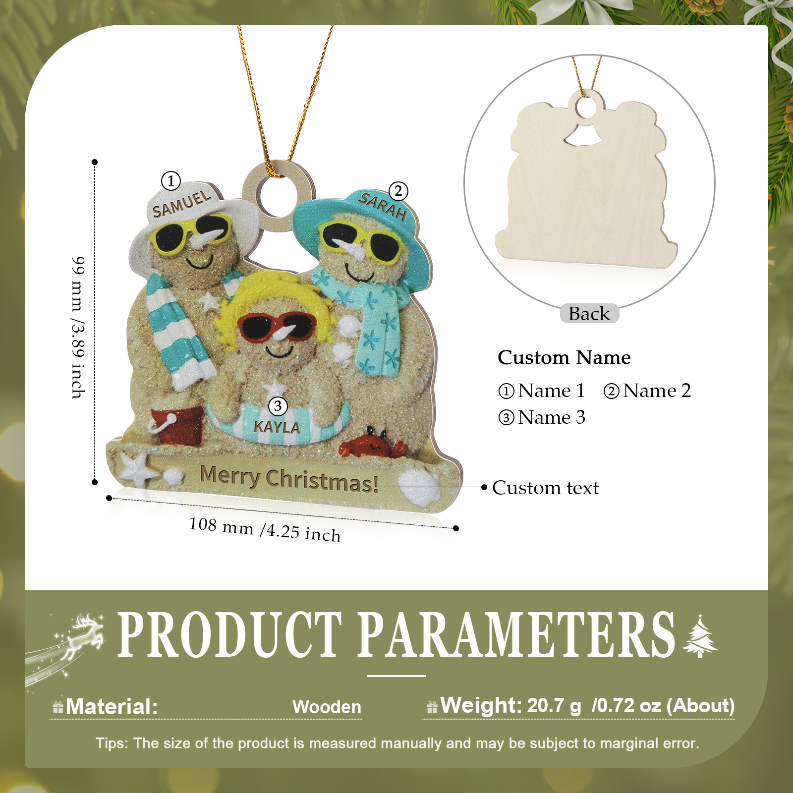 Personalized Wooden Family Beach-Themed Christmas Ornament with Custom 2-6 Names & 1 Text Christmas Gift for Family | Jessemade